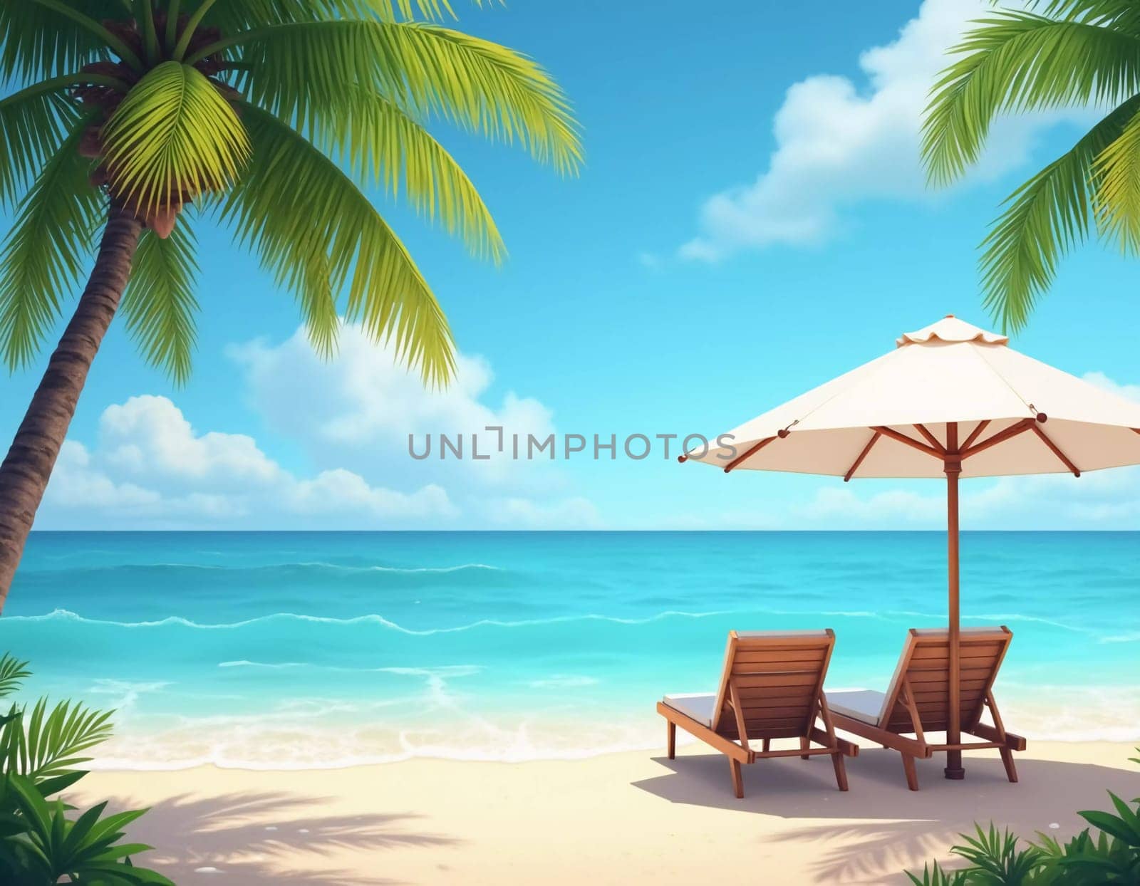 Two wooden lounge chairs sit beneath a straw umbrella on a sandy beach. The tranquil sea reflects a bright blue sky, while palm trees sway gently in the breeze. Ideal for relaxation. Generative AI.