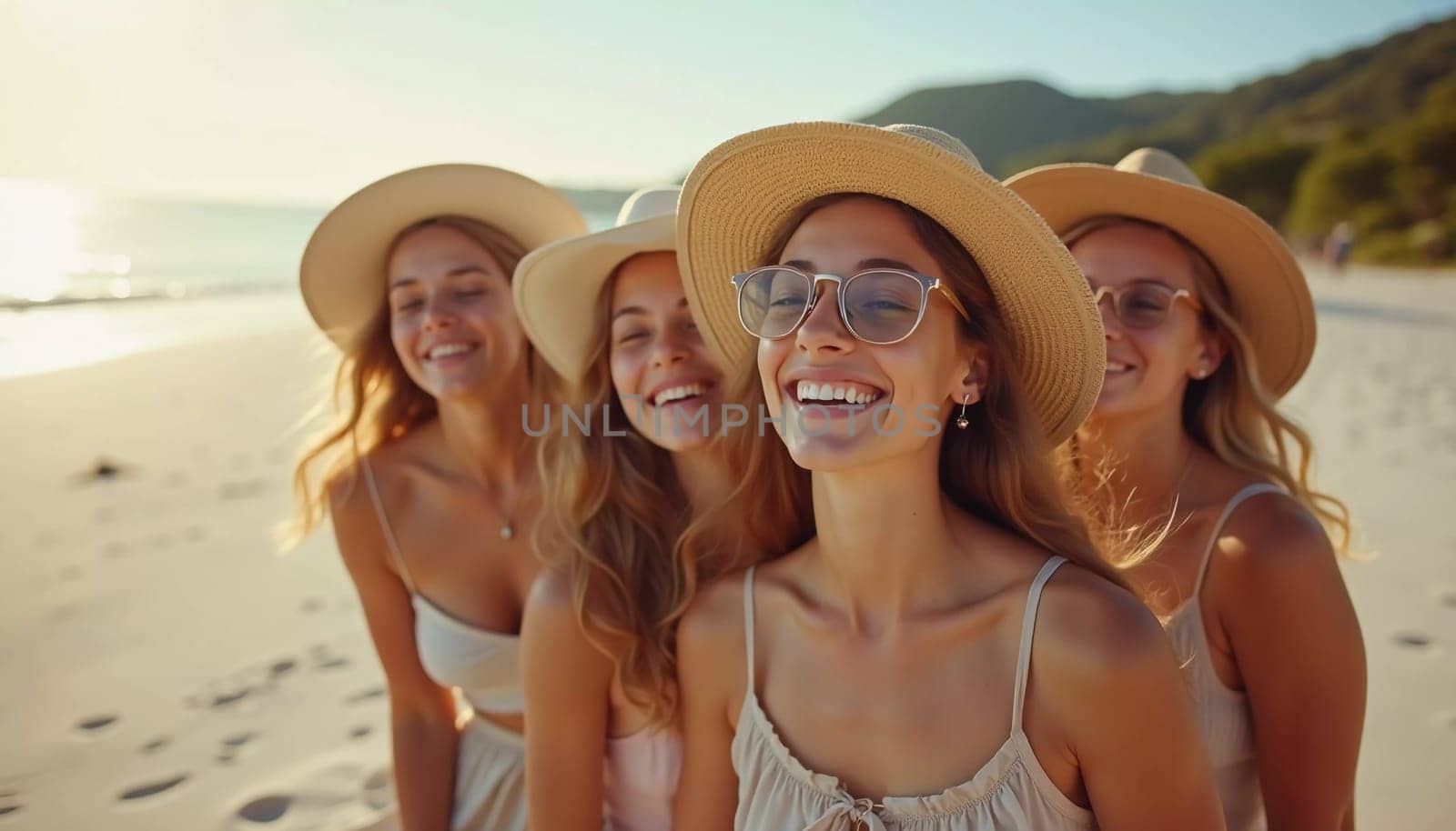 Friends enjoy a sunny day at the beach, smiling and laughing as they capture a fun moment together. The blue sky complements their joyful spirit and summer vibe. White sand. Generative AI.