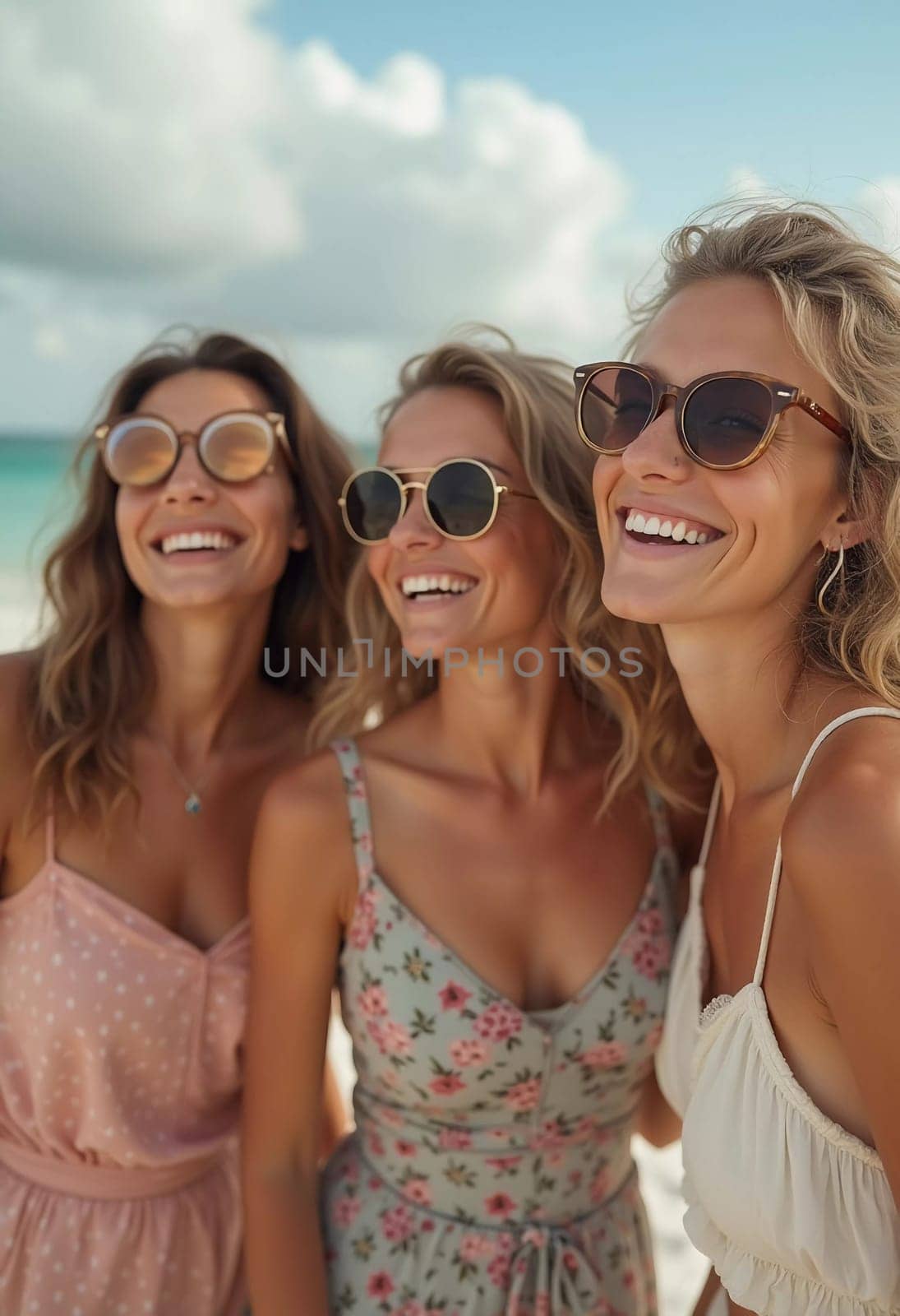 Friends enjoy a sunny day at the beach, smiling and laughing as they capture a fun moment together. The blue sky complements their joyful spirit and summer vibe. White sand. Generative AI.