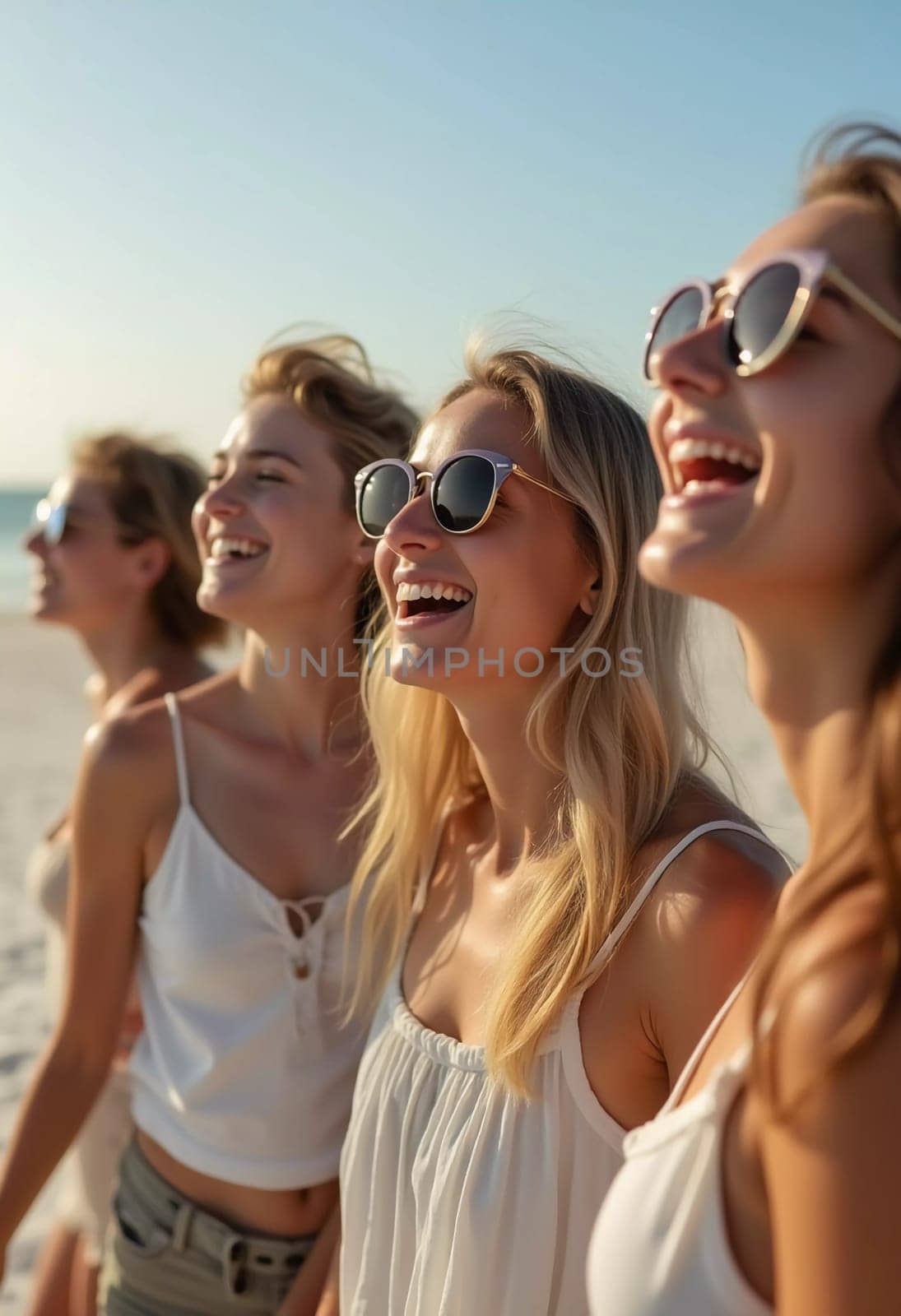 Friends enjoy a sunny day at the beach, smiling and laughing as they capture a fun moment together. The blue sky complements their joyful spirit and summer vibe. White sand. Generative AI.