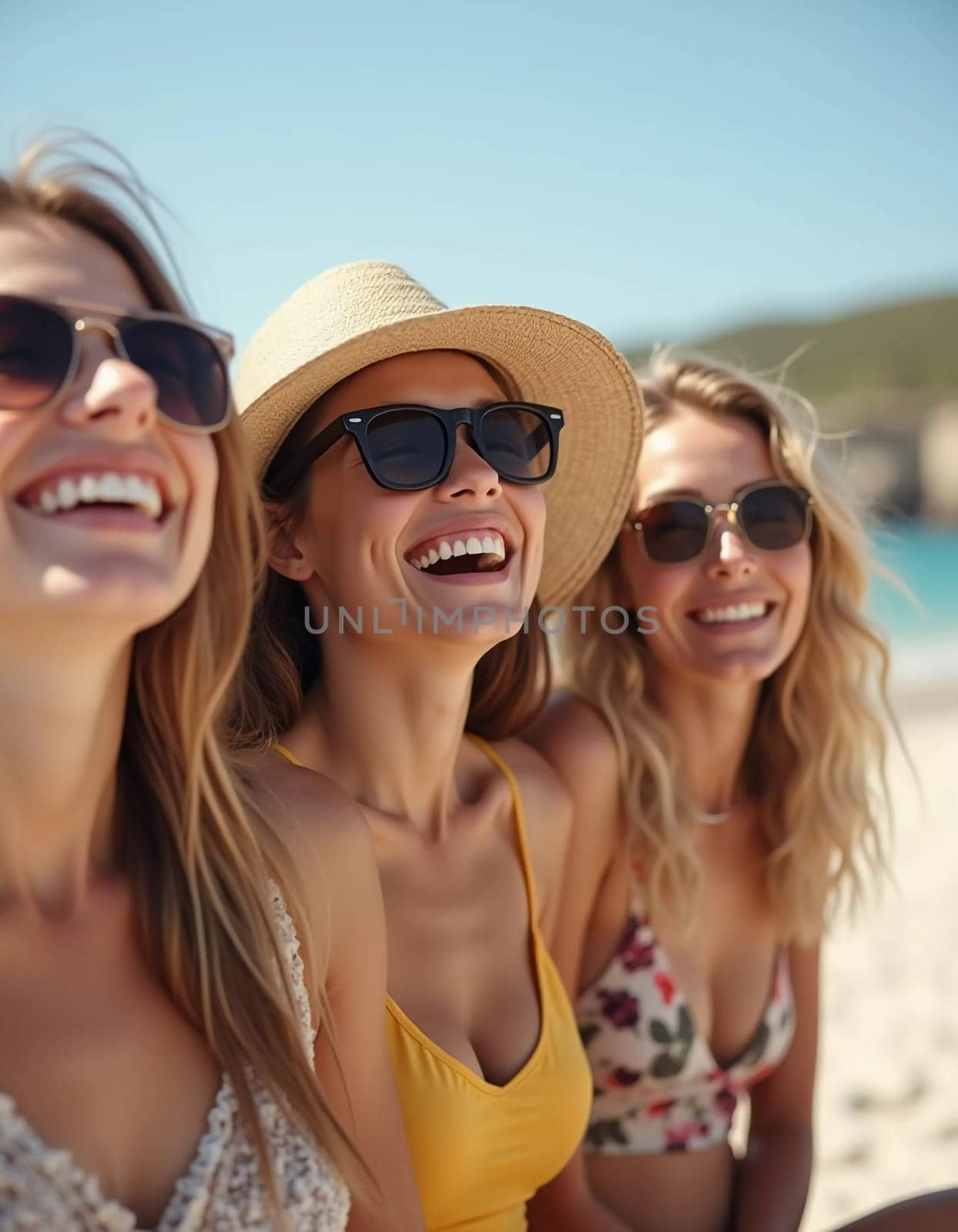 Friends enjoy a sunny day at the beach, smiling and laughing as they capture a fun moment together. The blue sky complements their joyful spirit and summer vibe. White sand. Generative AI.