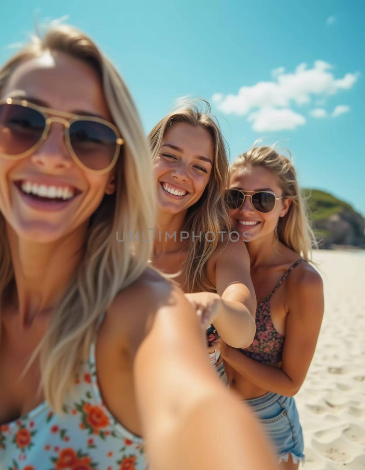 Friends enjoy a sunny day at the beach, smiling and laughing as they capture a fun moment together. The blue sky complements their joyful spirit and summer vibe. White sand