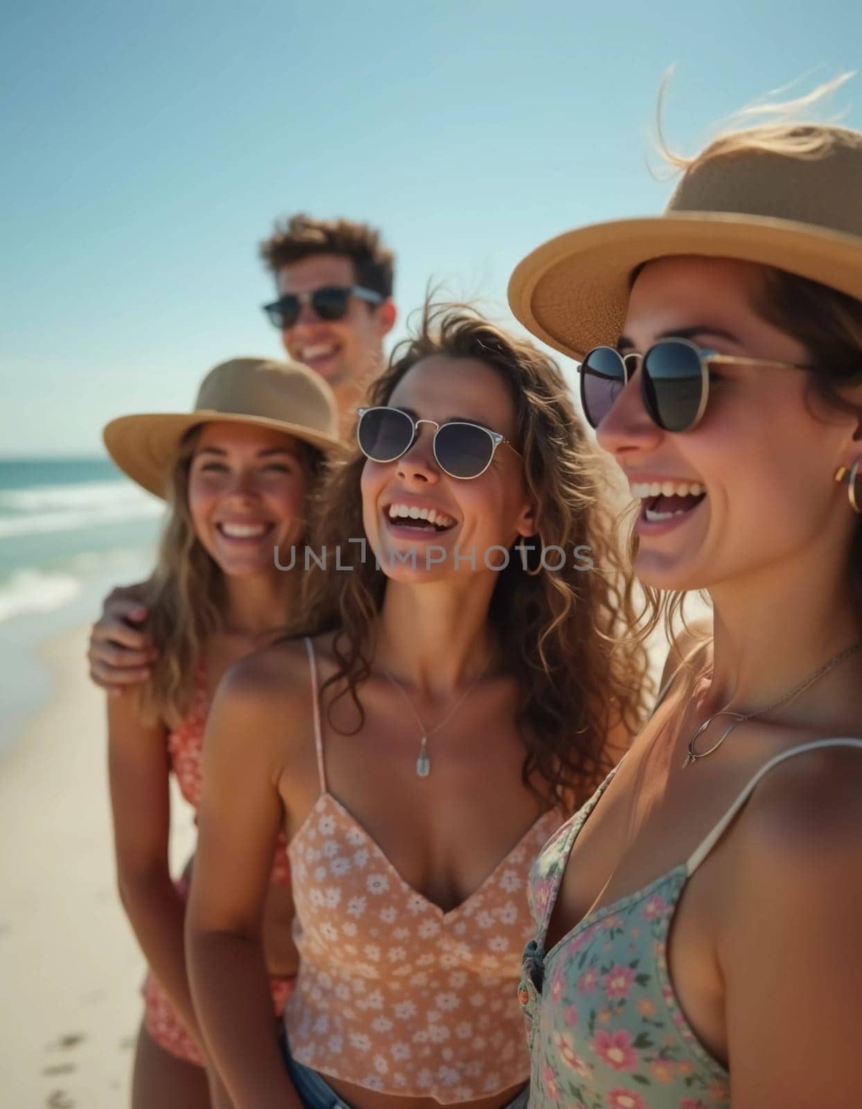 Friends enjoy a sunny day at the beach, smiling and laughing as they capture a fun moment together. The blue sky complements their joyful spirit and summer vibe. White sand. Generative AI.