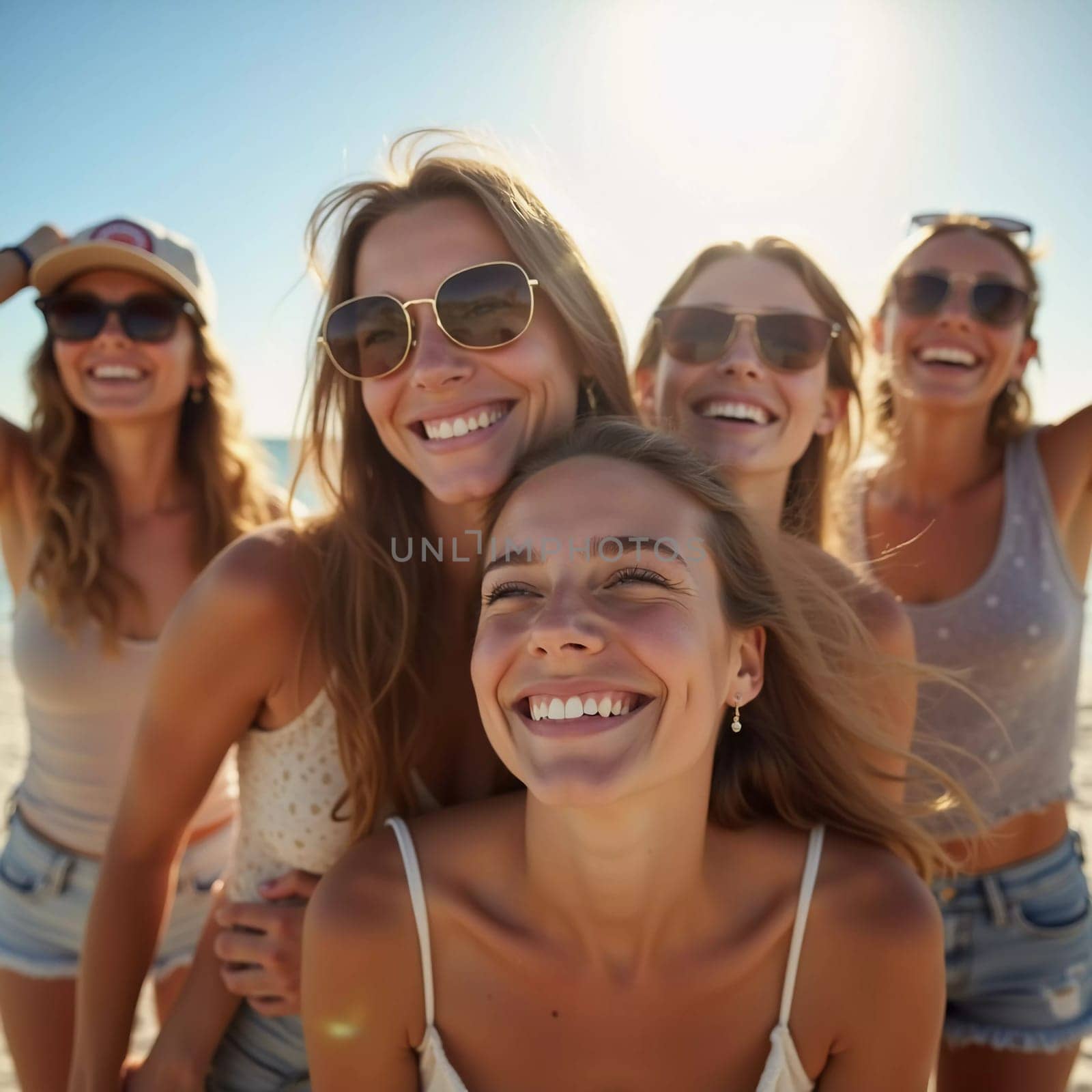 Friends enjoy a sunny day at the beach, smiling and laughing as they capture a fun moment together. The blue sky complements their joyful spirit and summer vibe. White sand. Generative AI.