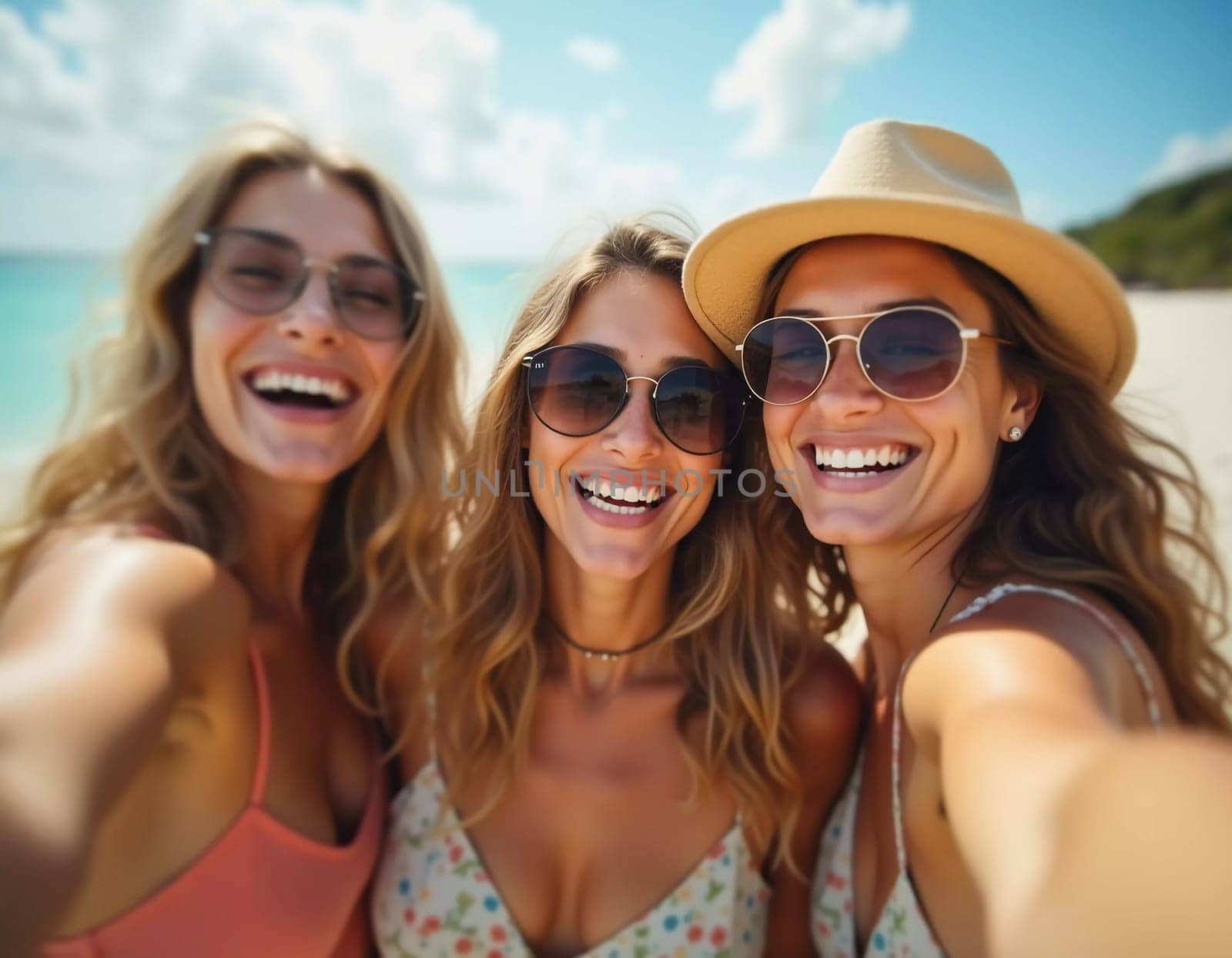 Friends enjoy a sunny day at the beach, smiling and laughing as they capture a fun moment together. The blue sky complements their joyful spirit and summer vibe. White sand. Generative AI.