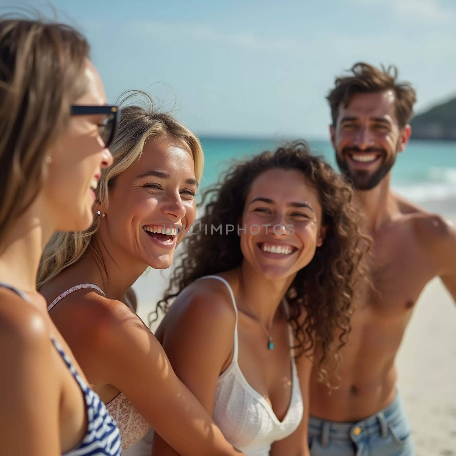 Friends enjoy a sunny day at the beach, smiling and laughing as they capture a fun moment together. The blue sky complements their joyful spirit and summer vibe. White sand. Generative AI.