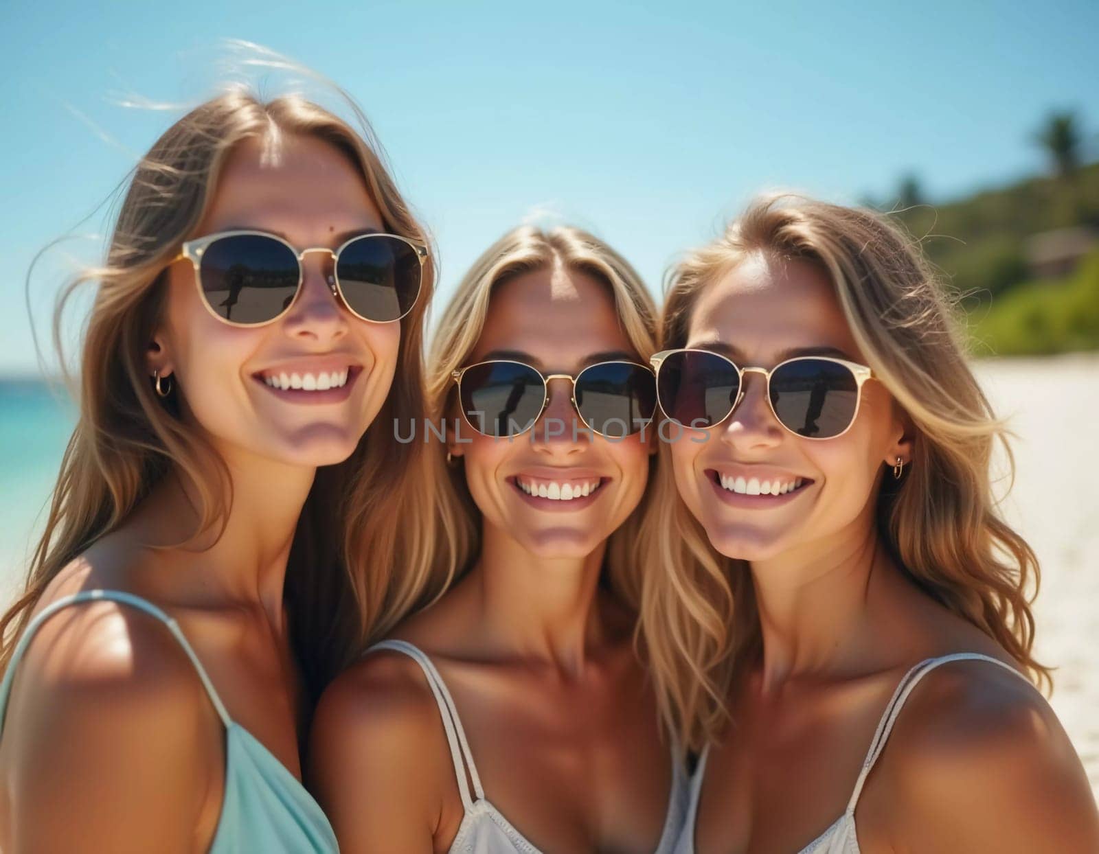 Friends enjoy a sunny day at the beach, smiling and laughing as they capture a fun moment together. The blue sky complements their joyful spirit and summer vibe. White sand. Generative AI.