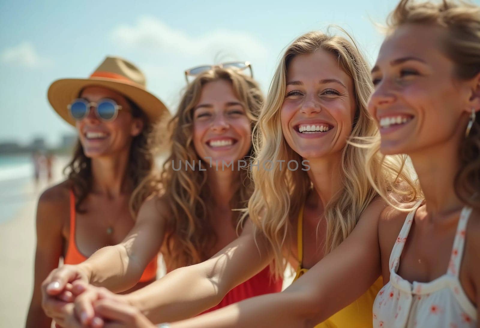 Friends enjoy a sunny day at the beach, smiling and laughing as they capture a fun moment together. The blue sky complements their joyful spirit and summer vibe. White sand. Generative AI.