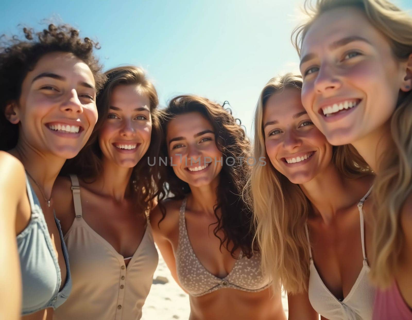 Friends enjoy a sunny day at the beach, smiling and laughing as they capture a fun moment together. The blue sky complements their joyful spirit and summer vibe. White sand. Generative AI.