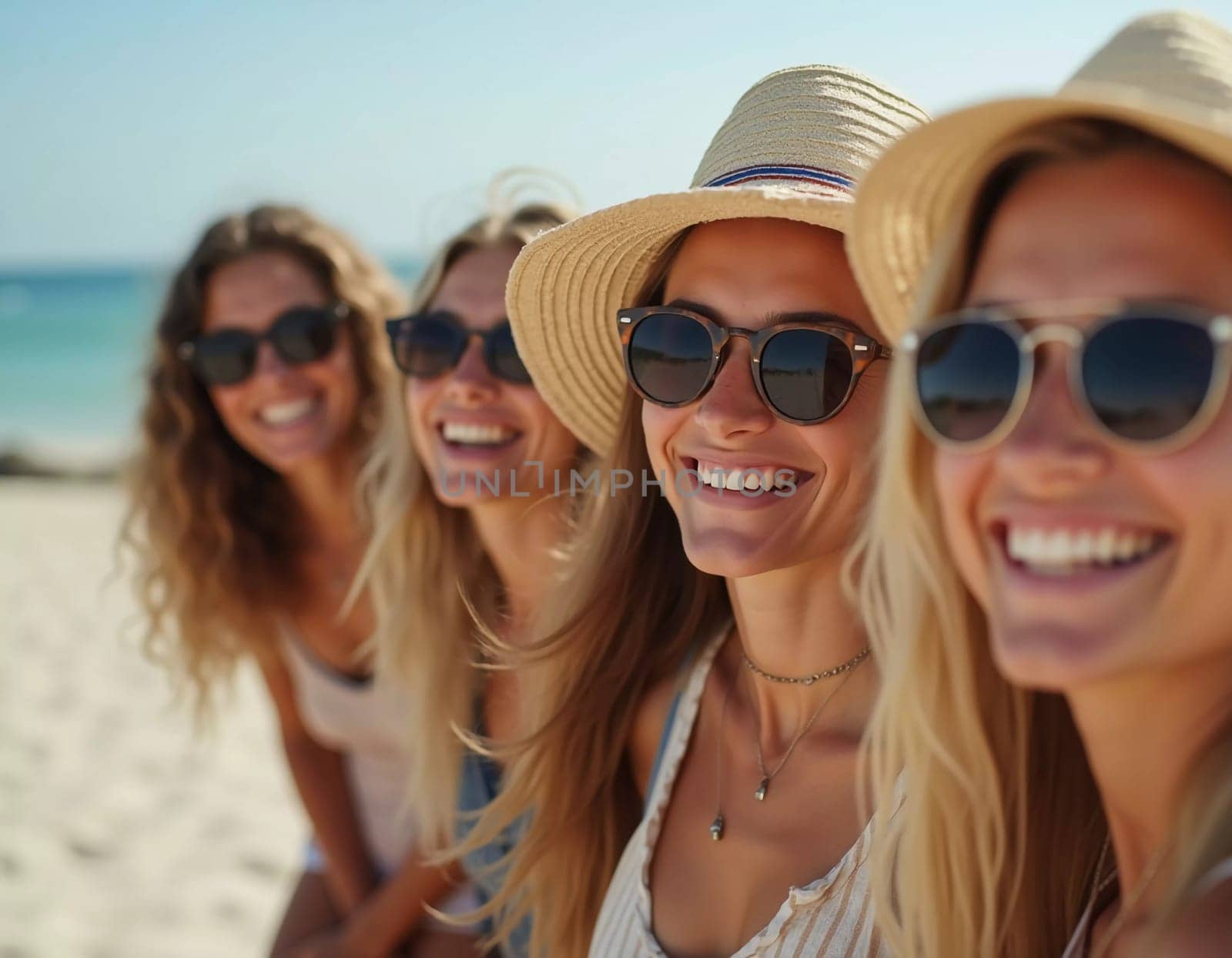 Friends enjoy a sunny day at the beach, smiling and laughing as they capture a fun moment together. The blue sky complements their joyful spirit and summer vibe. White sand. Generative AI.