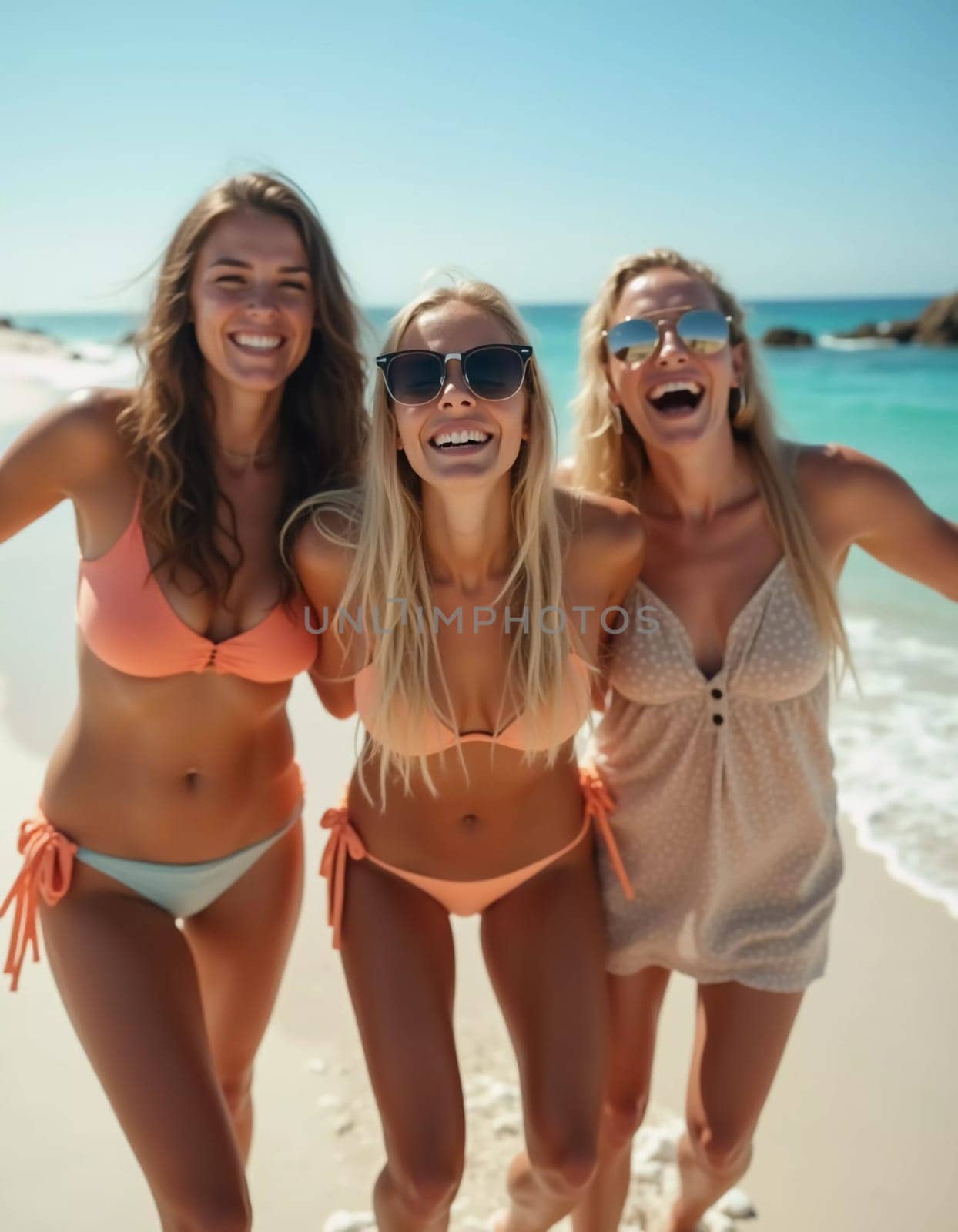 Friends enjoy a sunny day at the beach, smiling and laughing as they capture a fun moment together. The blue sky complements their joyful spirit and summer vibe. White sand. Generative AI.