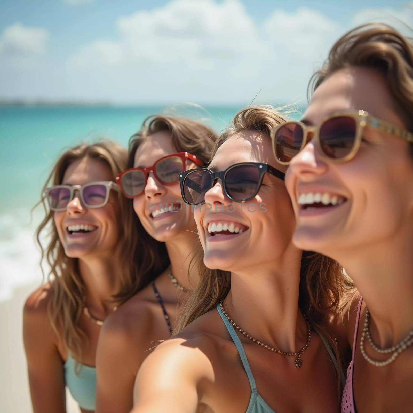 Friends enjoy a sunny day at the beach, smiling and laughing as they capture a fun moment together. The blue sky complements their joyful spirit and summer vibe. White sand. Generative AI.