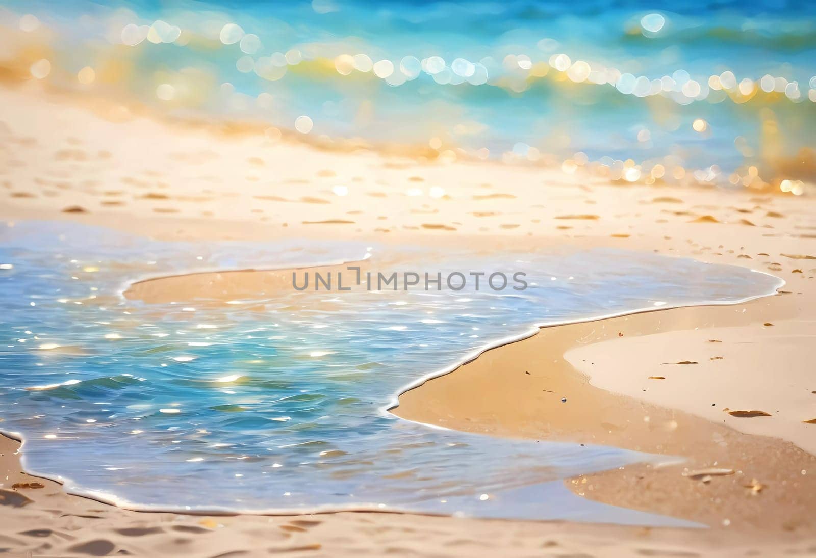 A stunning summer backdrop features a shore of soft sandy beach alongside a vibrant blue sea. Sunlight glitters on the water's surface, creating a serene atmosphere. Painted picture. Generative AI.