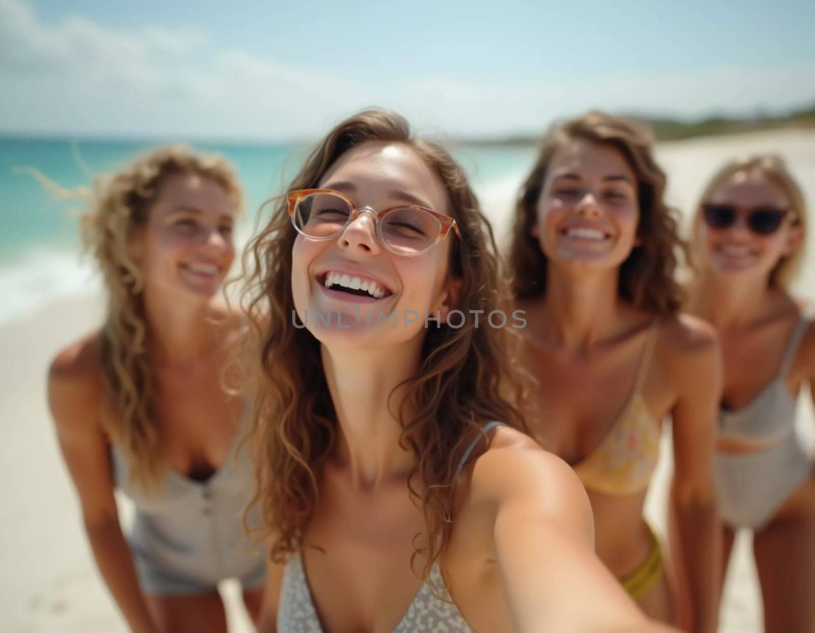 Friends enjoy a sunny day at the beach, smiling and laughing as they capture a fun moment together. The blue sky complements their joyful spirit and summer vibe. White sand. Generative AI.