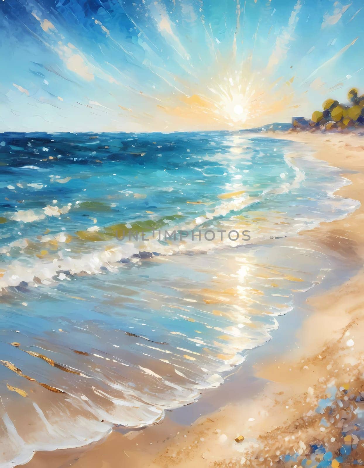 A stunning summer backdrop features a shore of soft sandy beach alongside a vibrant blue sea. Sunlight glitters on the water's surface, creating a serene atmosphere. Painted picture. Generative AI.