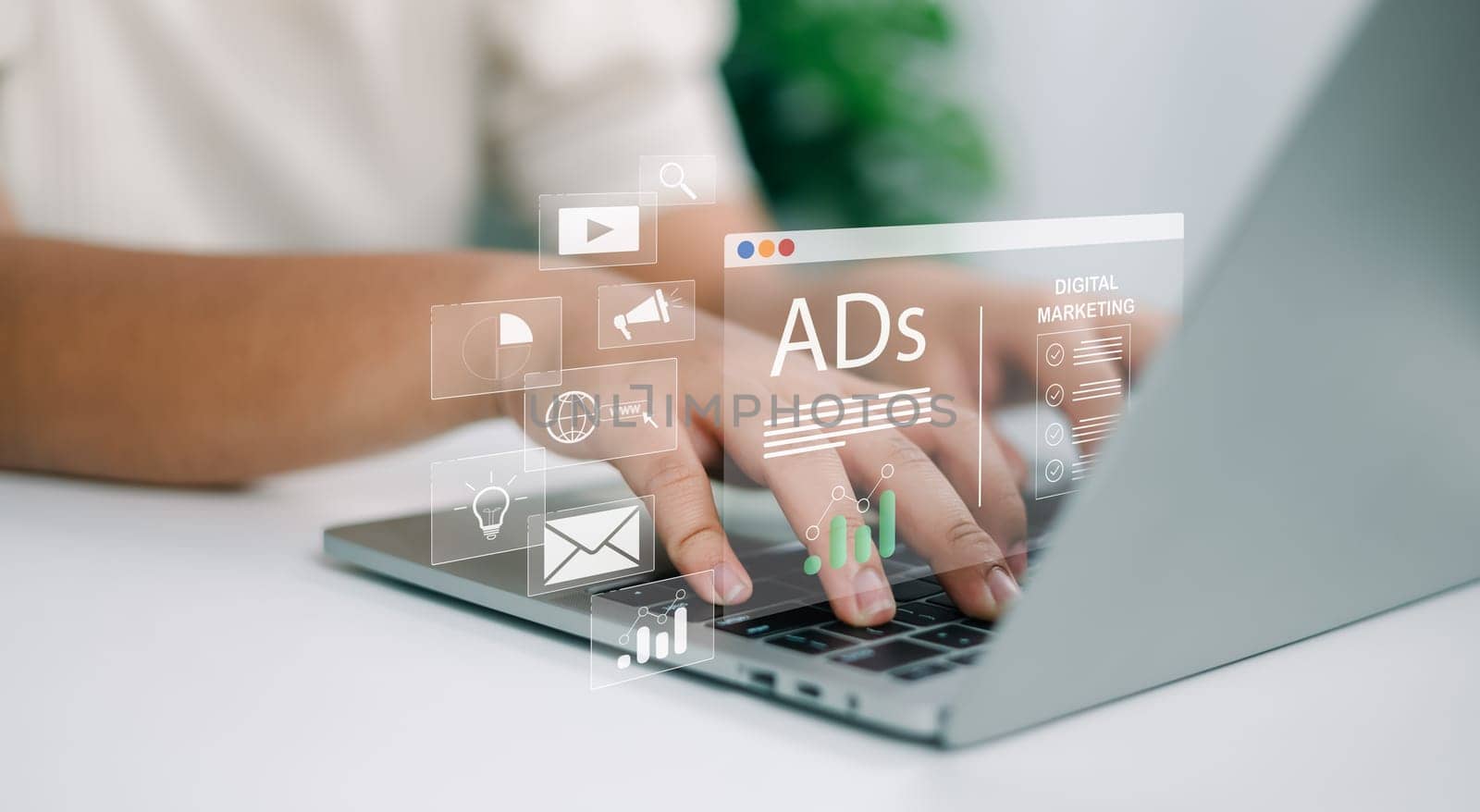Woman using laptop and tablet with Ads dashboard digital marketing strategy analysis for branding, Online advertisement, Digital marketing concept, BAd on website and social media, SEO.