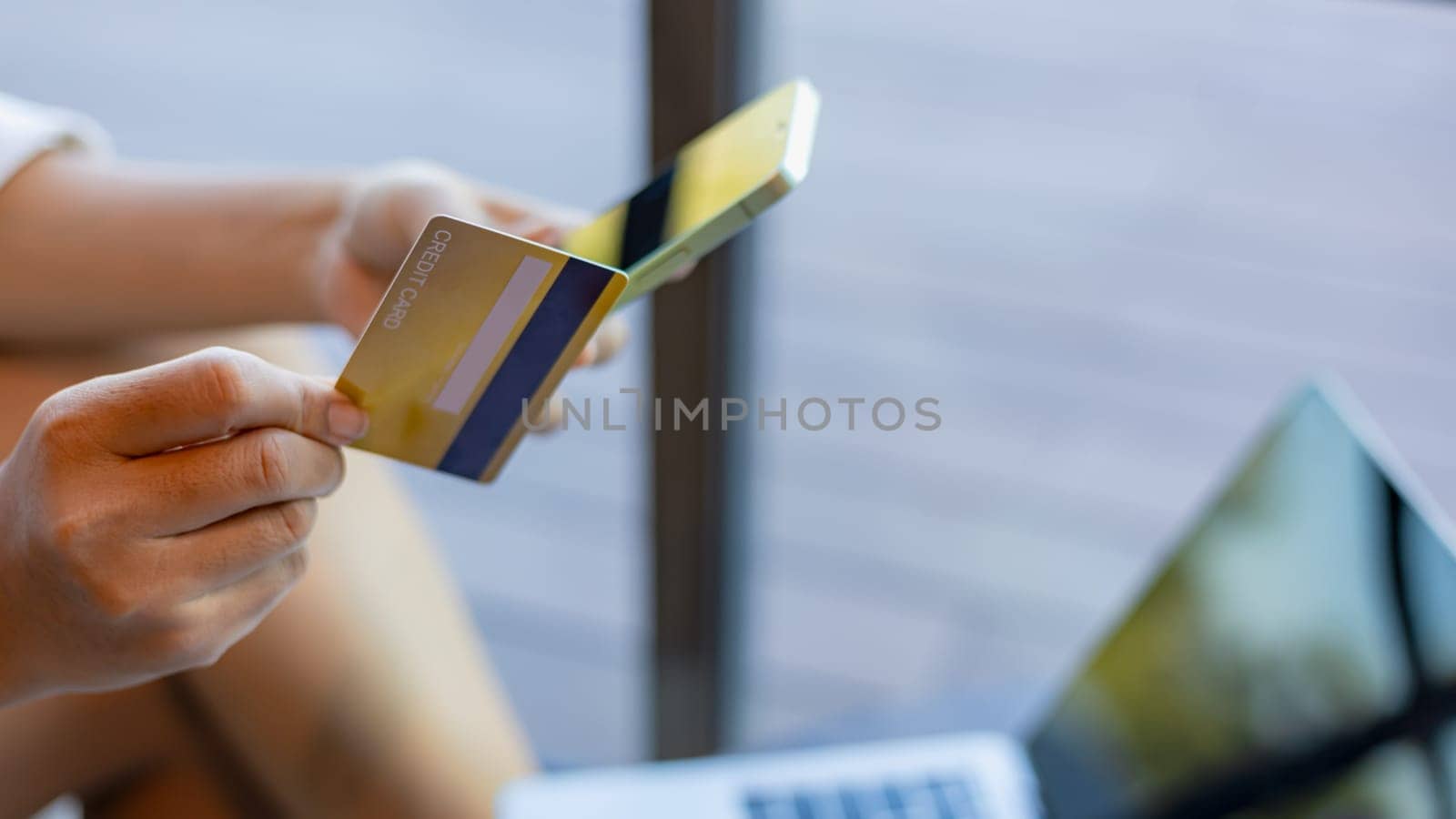 Online banking transaction concept, Woman with credit card using smart phone and shopping online, Ecommerce and secure mobile banking concept, Making online payments.