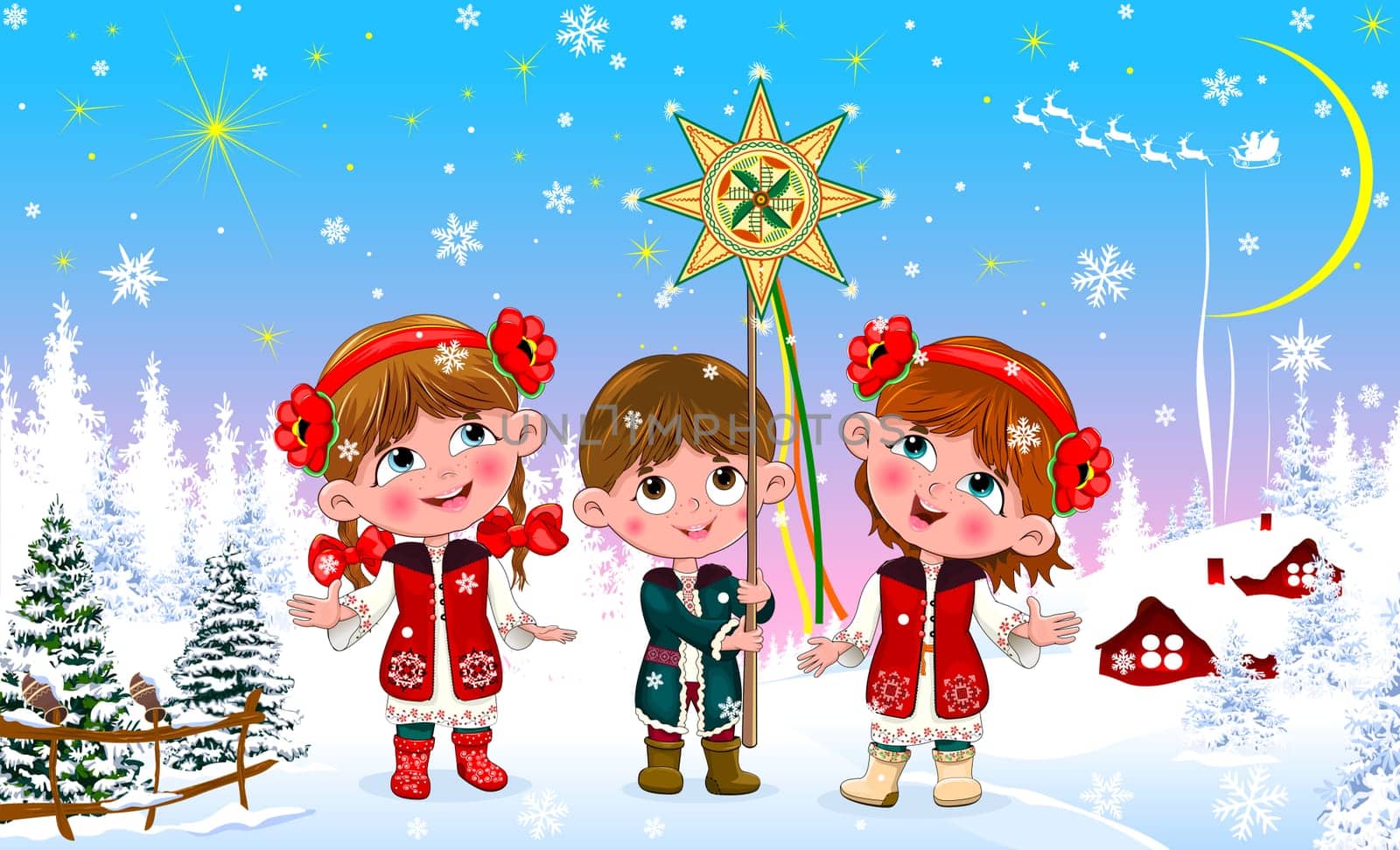 Little happy children in Ukrainian folk costumes sing carols on Christmas Eve.