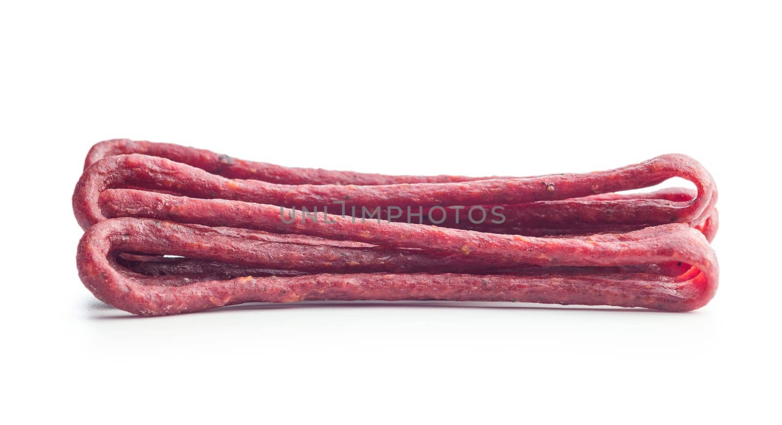 Smoked kabanos. Mini dried thin sausages isolated on a white background