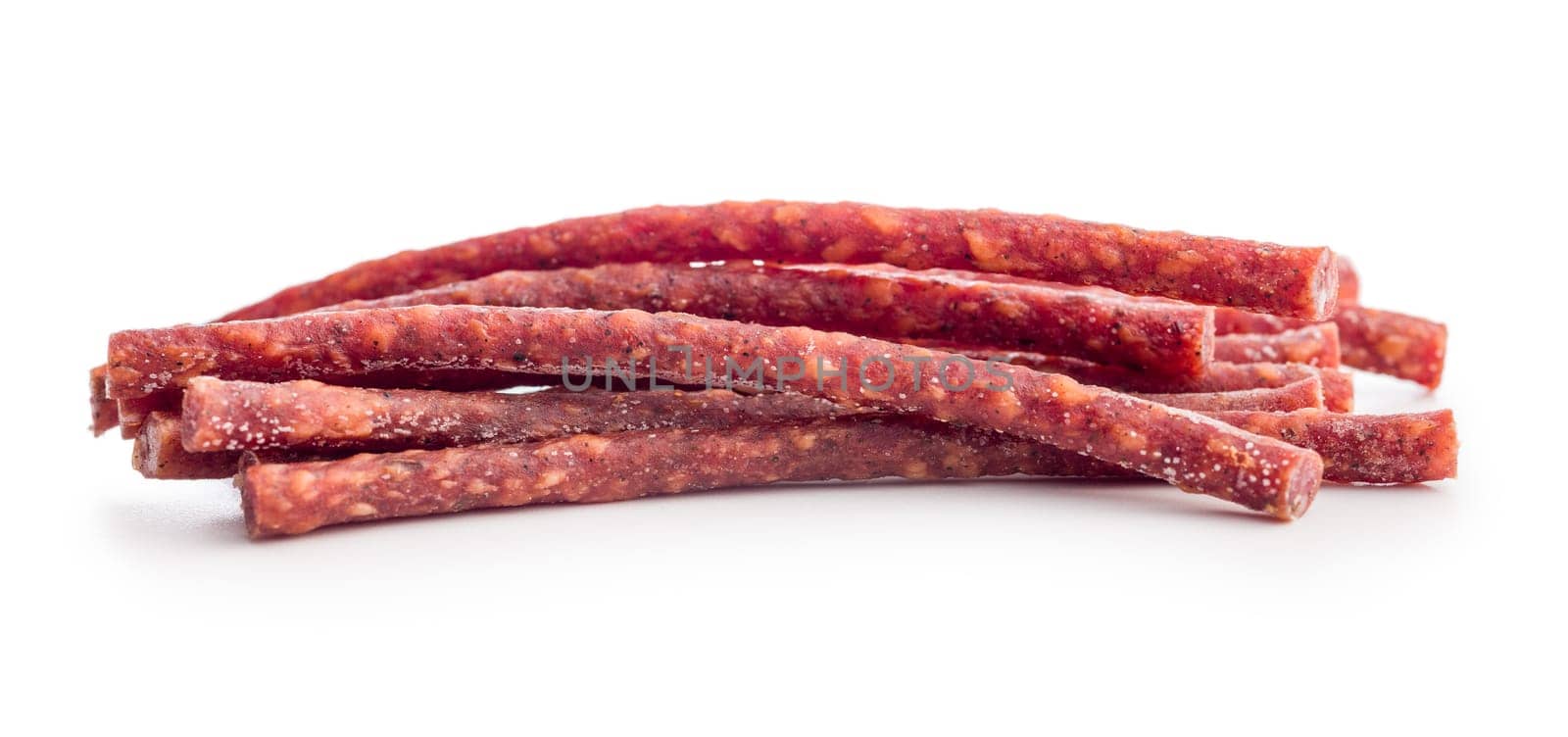 Smoked kabanos. Mini dried thin sausages isolated on a white background