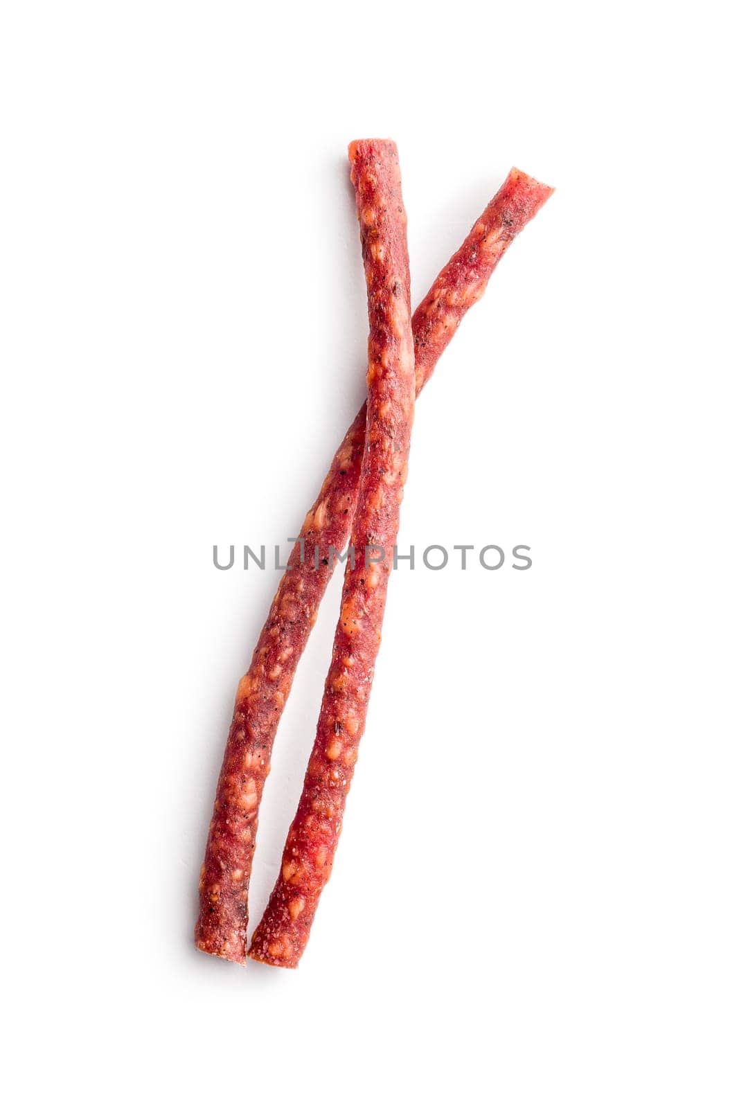 Smoked kabanos. Mini dried thin sausages isolated on a white background