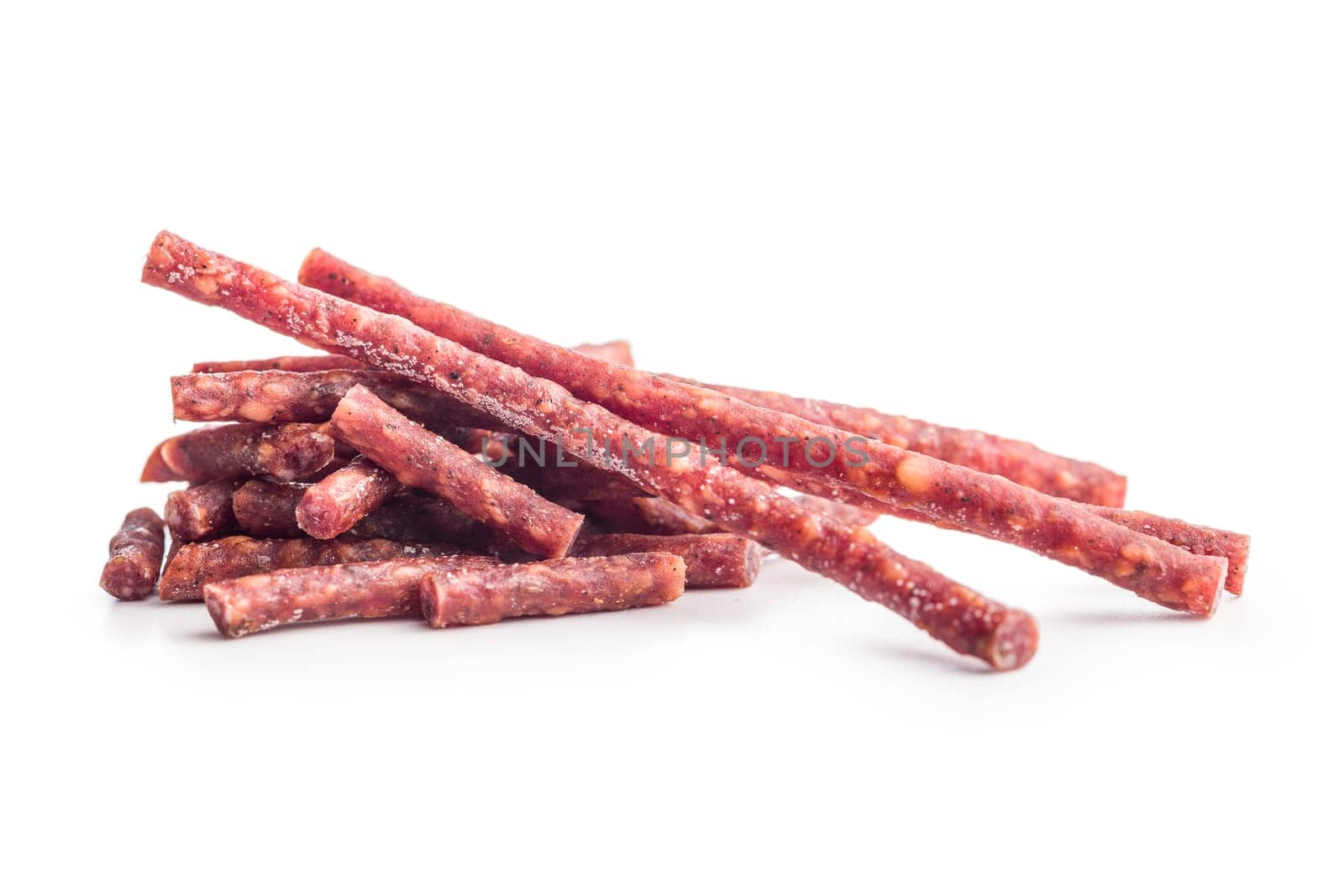 Smoked kabanos. Mini dried thin sausages isolated on a white background