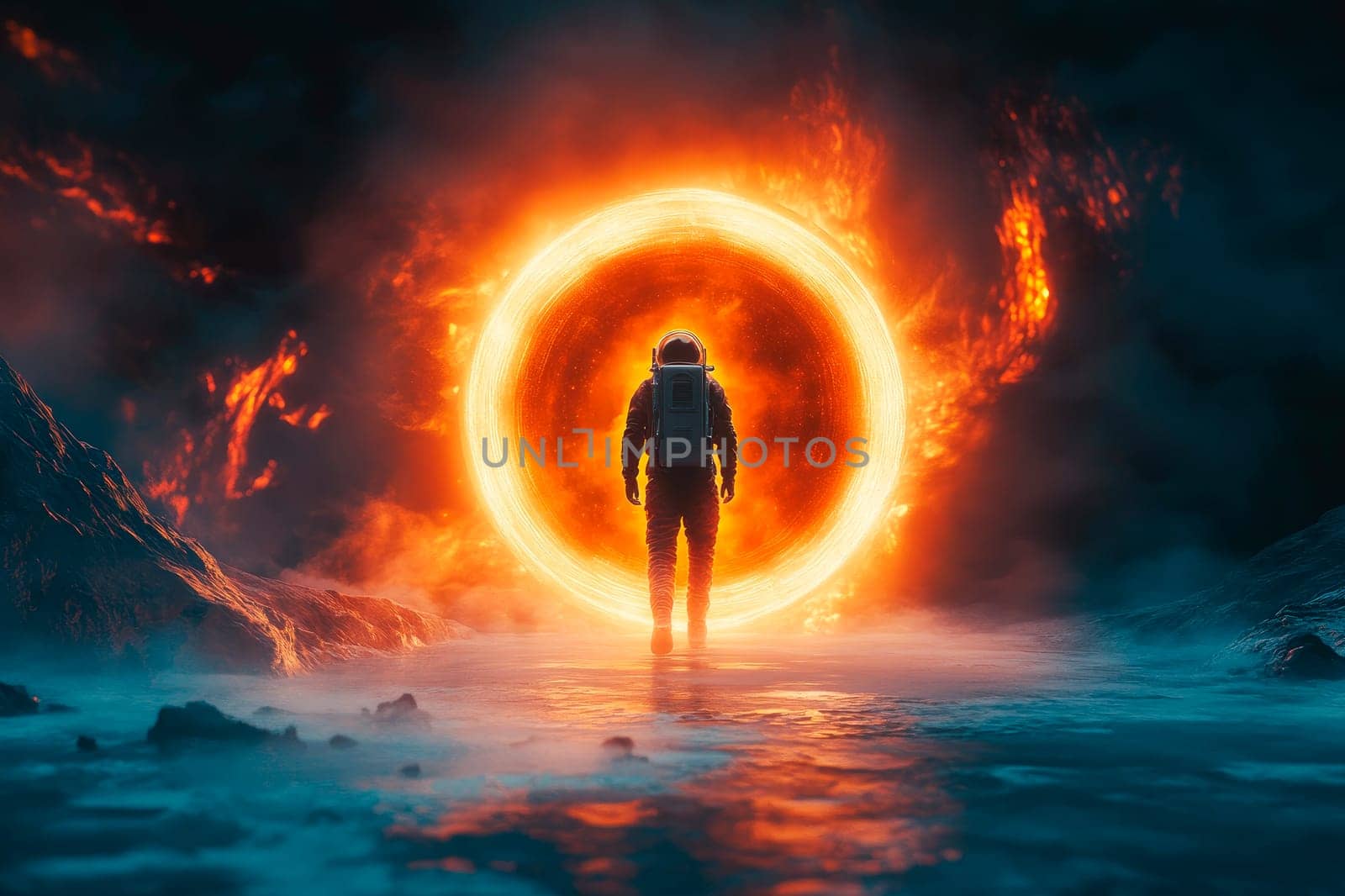 Astronaut on alien planet in front of spacetime portal light. Science fiction universe exploration. by graja