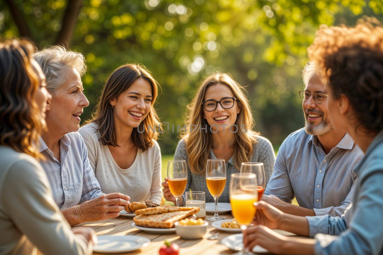 Happy, multi-generational group of friends and family dining at a table in a sunny garden. Concept of togetherness, inclusivity, and joyful moments celebrating friendship and nature