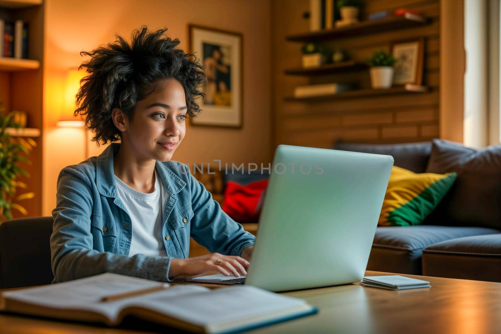 Young student studying online using a laptop, surrounded by study materials in a warm, modern home environment. A cozy and well-organized workspace reflecting hybrid learning and productivity