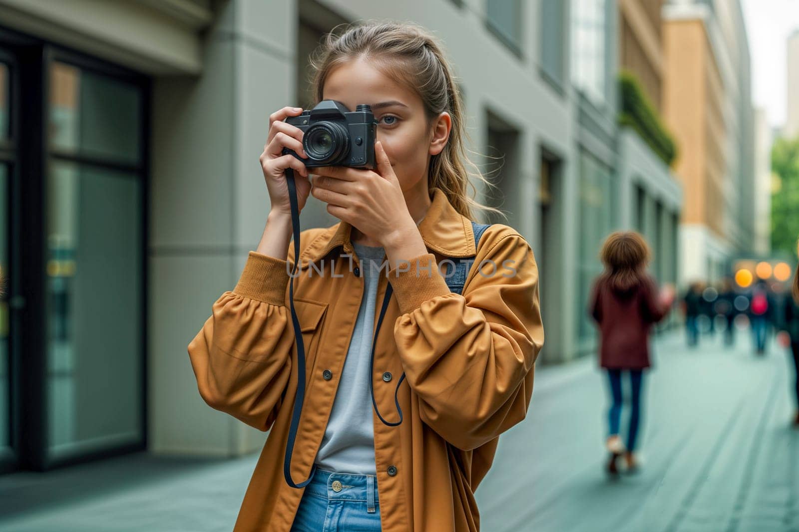 A young woman capturing a moment with a camera in a stylish urban setting. Blending retro 90s-inspired fashion with a contemporary aesthetic.