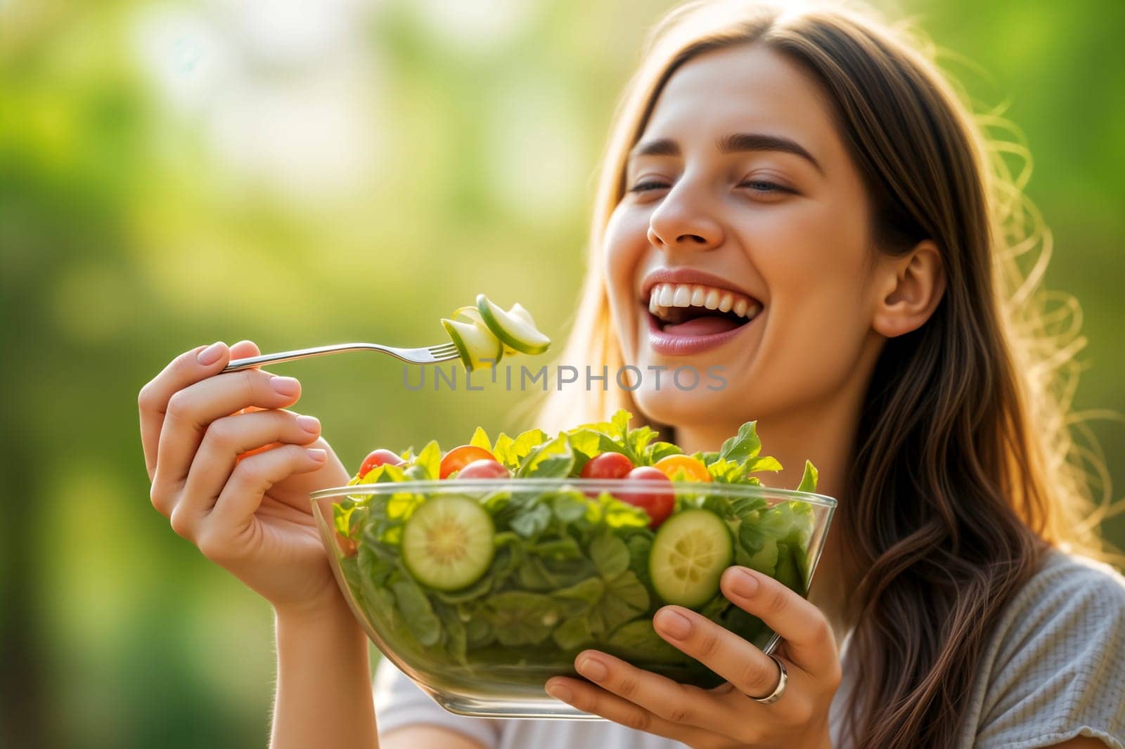 A smiling young woman enjoys a fresh, colorful salad outdoors under natural sunlight. A cheerful and vibrant summer scene promoting healthy eating, positivity, and a balanced lifestyle