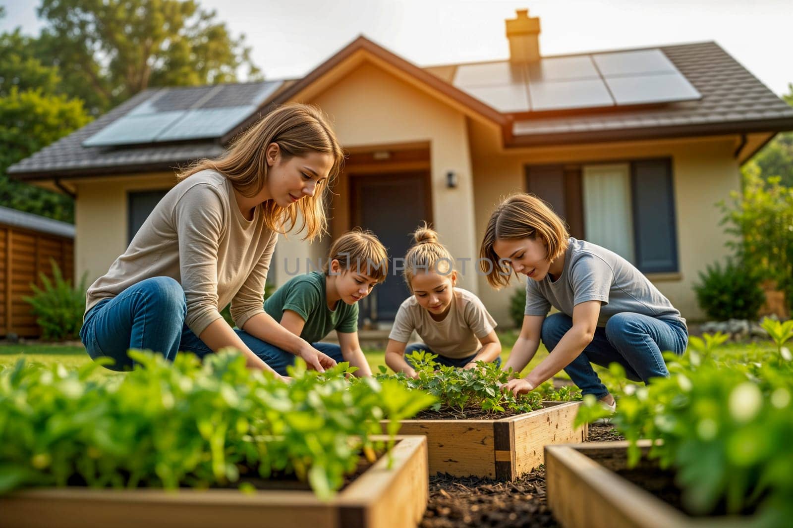 Mother and children happily planting vegetables in raised garden beds in front of a solar-powered home. Concept of sustainable living, family bonding, and eco-friendly lifestyles.