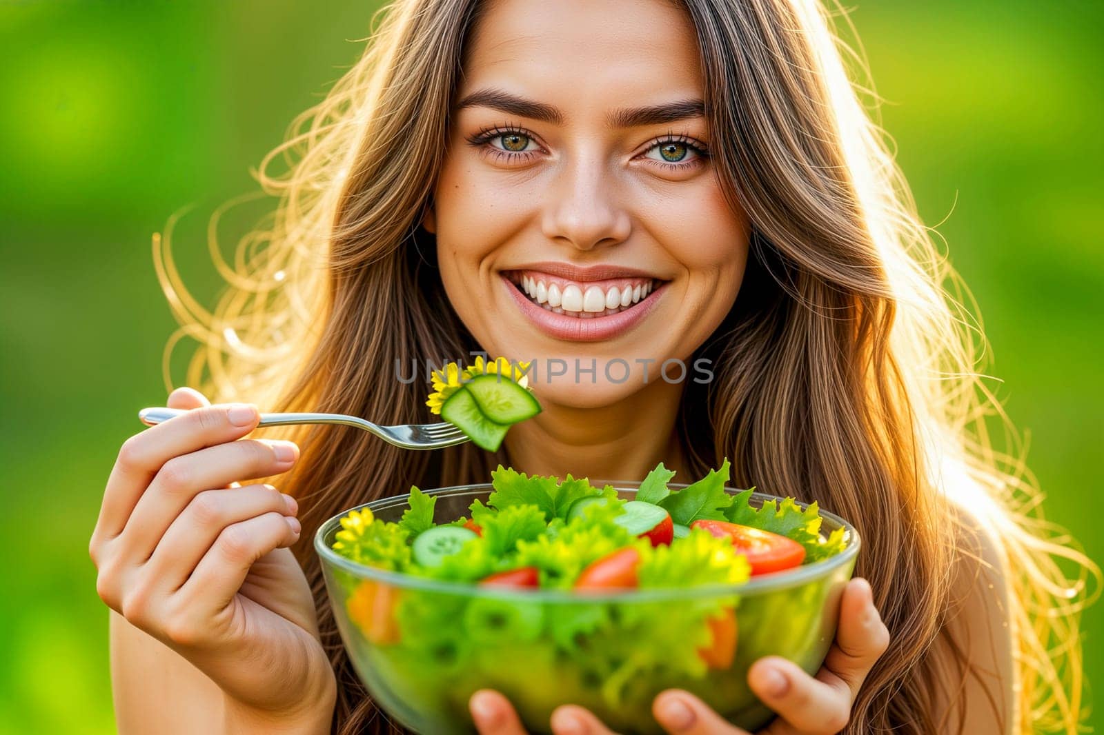 Close-up of a cheerful woman with long flowing hair holding a fresh, colorful salad bowl with cucumbers, lettuce, and tomatoes. Natural outdoor setting with sunlight. Healthy eating and positivity.