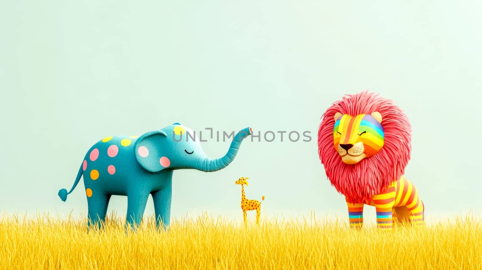 Playful 3d rendering showcases a vibrant savanna scene with a whimsical blue elephant, a cheerful rainbow maned lion, and a small giraffe, all standing amidst tall yellow grass under a clear sky