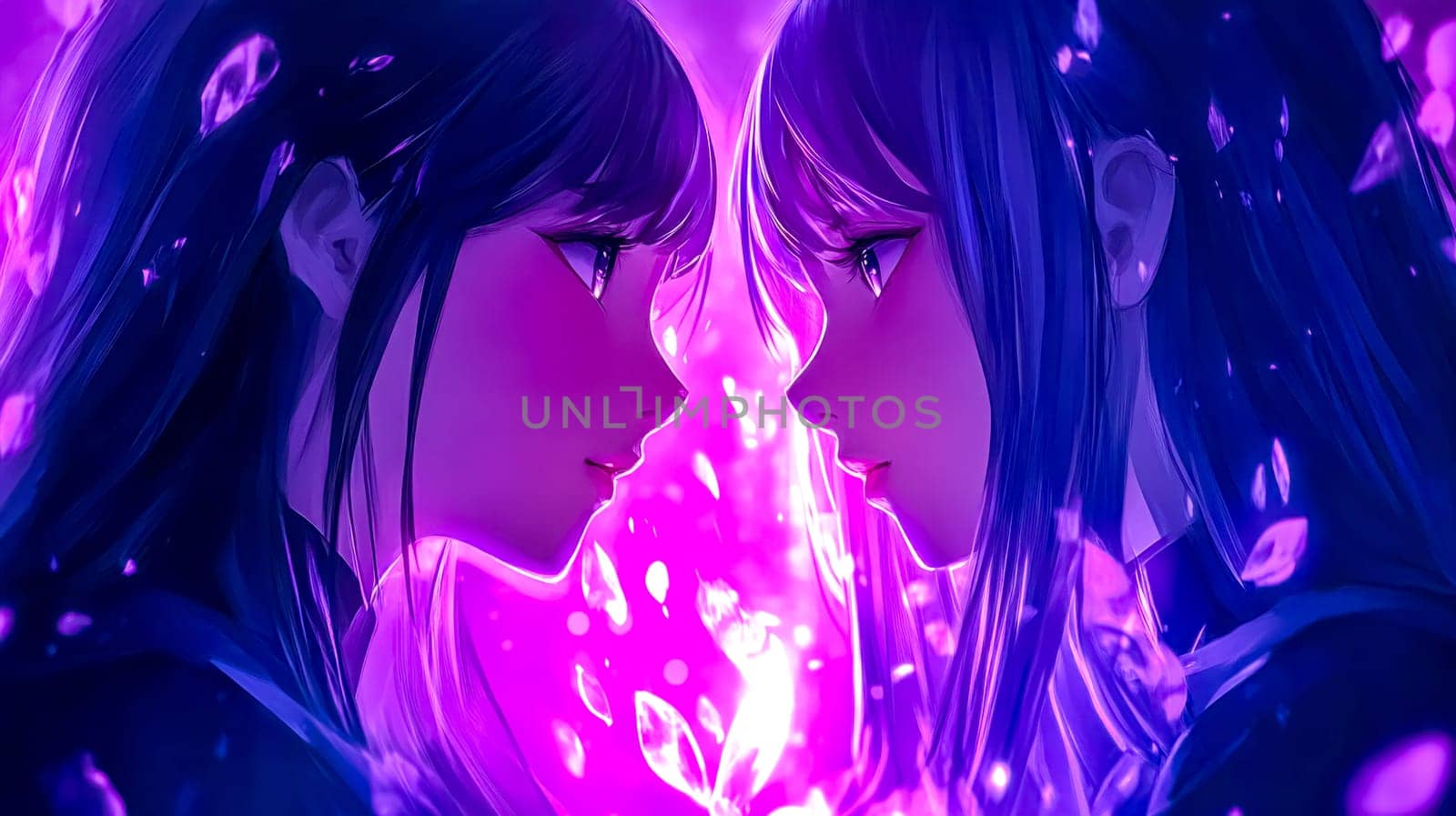 Two anime girls with long dark hair and bangs are meeting, with a magical pink light glowing between them, creating a dramatic and mysterious atmosphere