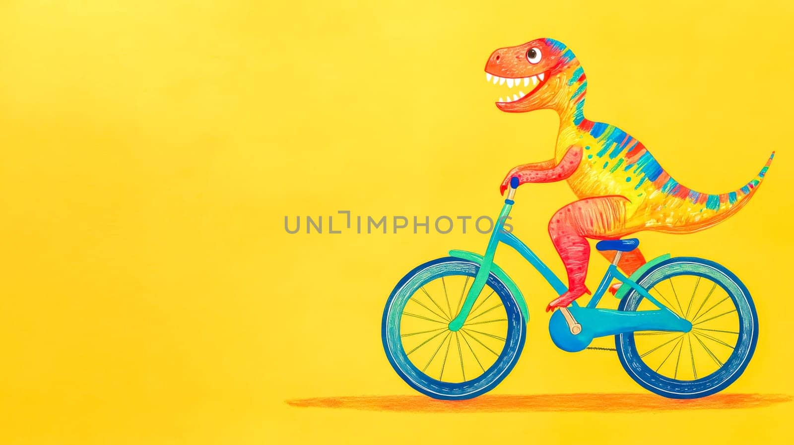 Hand drawn illustration of a colorful dinosaur happily riding a bicycle, set against a vibrant yellow backdrop, creating a cheerful and whimsical scene