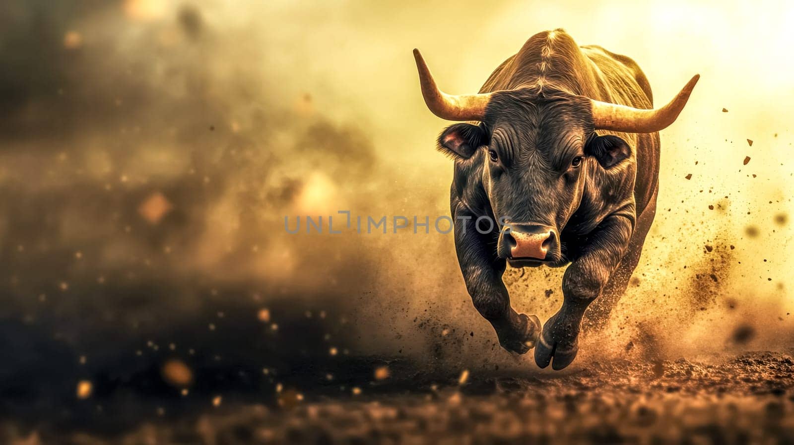 Muscular bull with large horns charges forward, kicking up dust and debris in a dramatic display of power and aggression, illuminated by a golden light