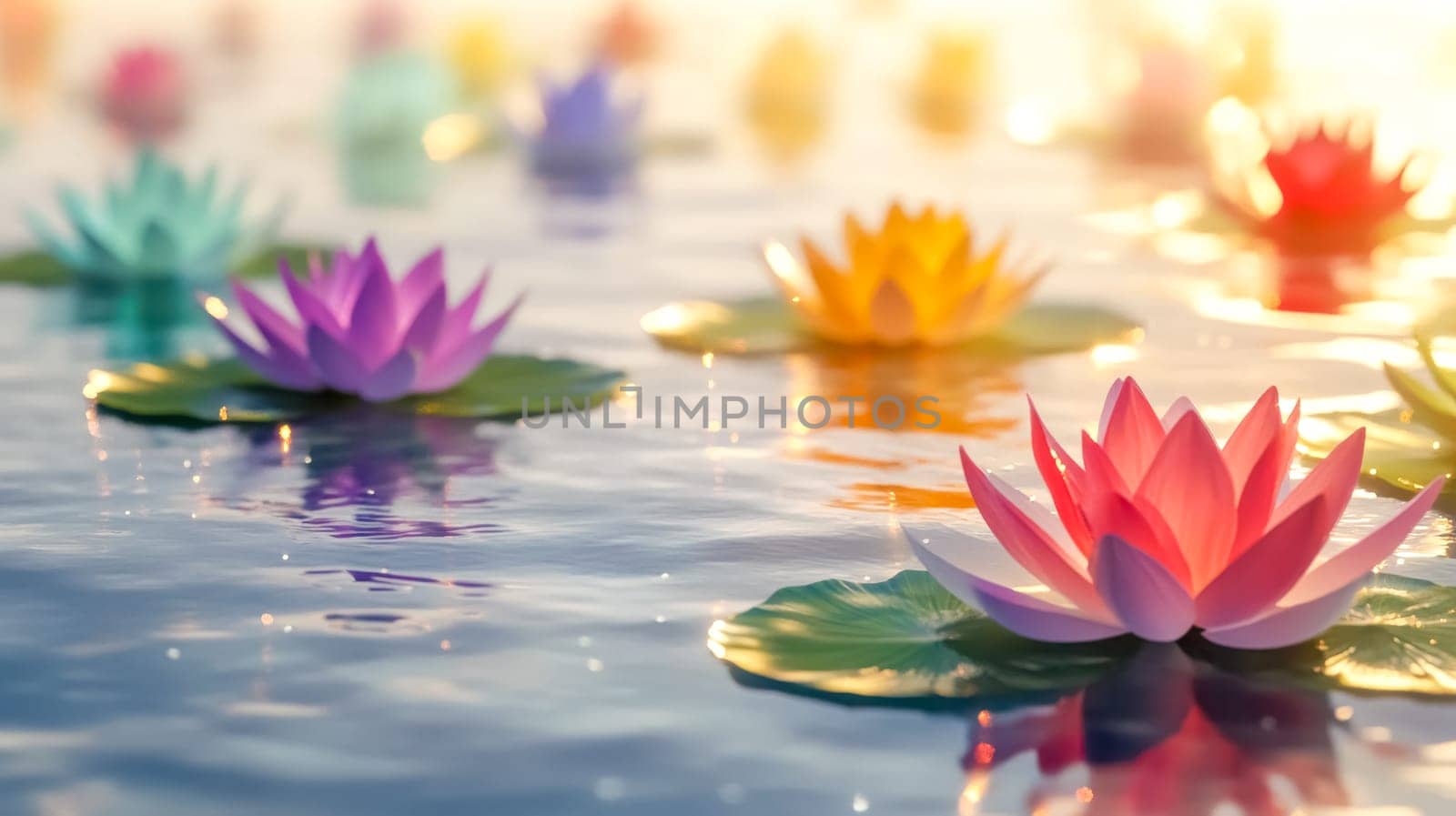 Colorful lotus flowers are gently floating on the tranquil surface of a pond, illuminated by the warm golden light of the setting sun, creating a serene and magical atmosphere