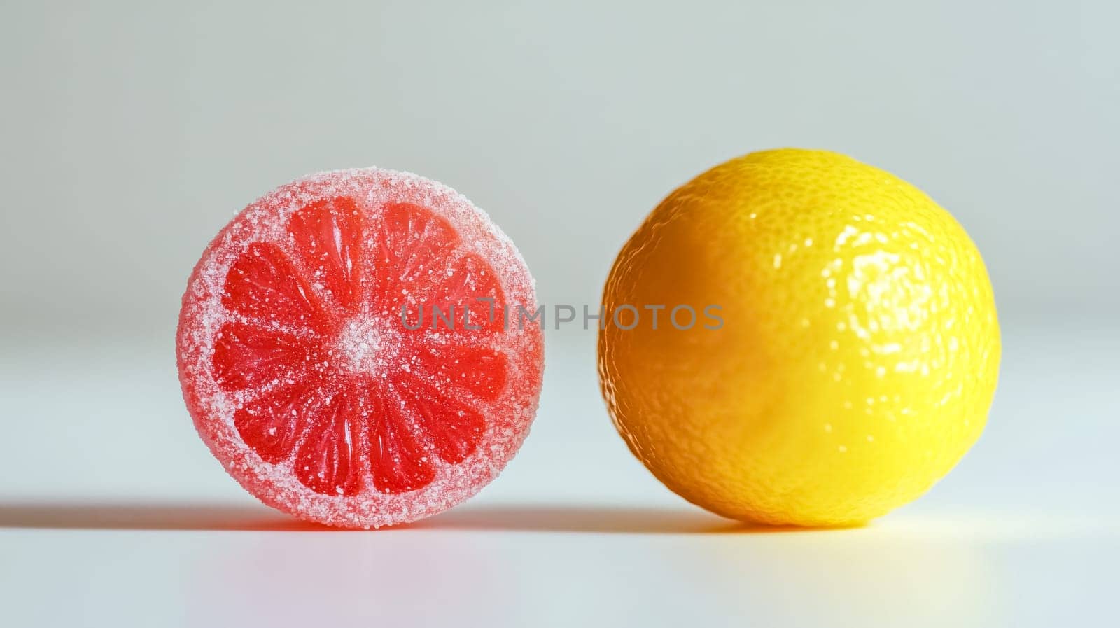 Whole lemon and a slice of red candy stand side by side on a white surface, creating a visual representation of contrasting flavors, textures, and colors