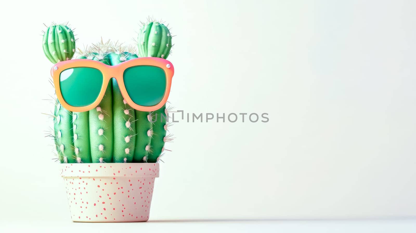 Cheerful cactus wearing oversized, bright sunglasses sits playfully in a pot against a pristine white background, radiating a fun and quirky summer vibe perfect for any tropical decor