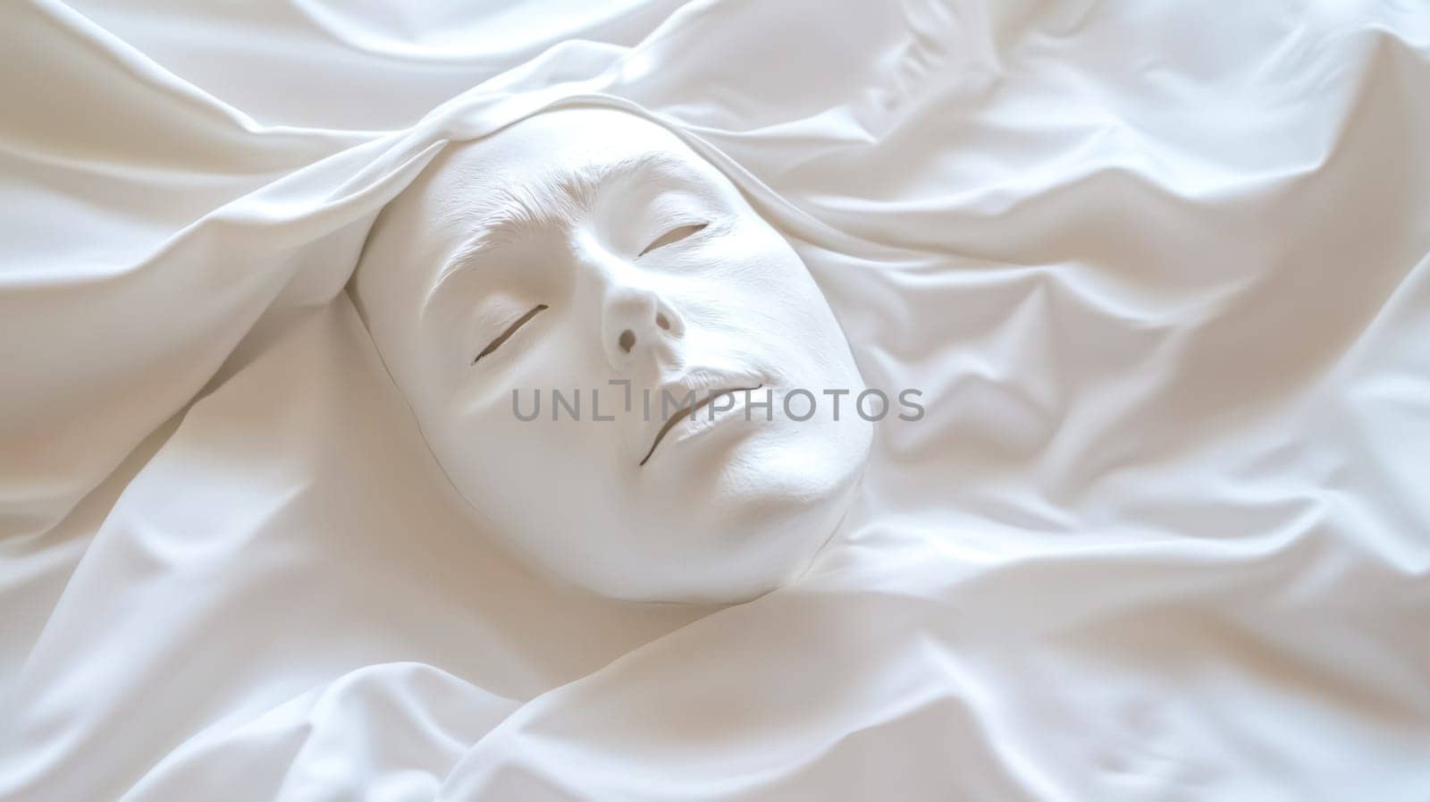 White mask resting on soft white sheets, evoking feelings of peace, tranquility, and relaxation, perfect for beauty, spa, or wellness themes in serene and minimalistic settings