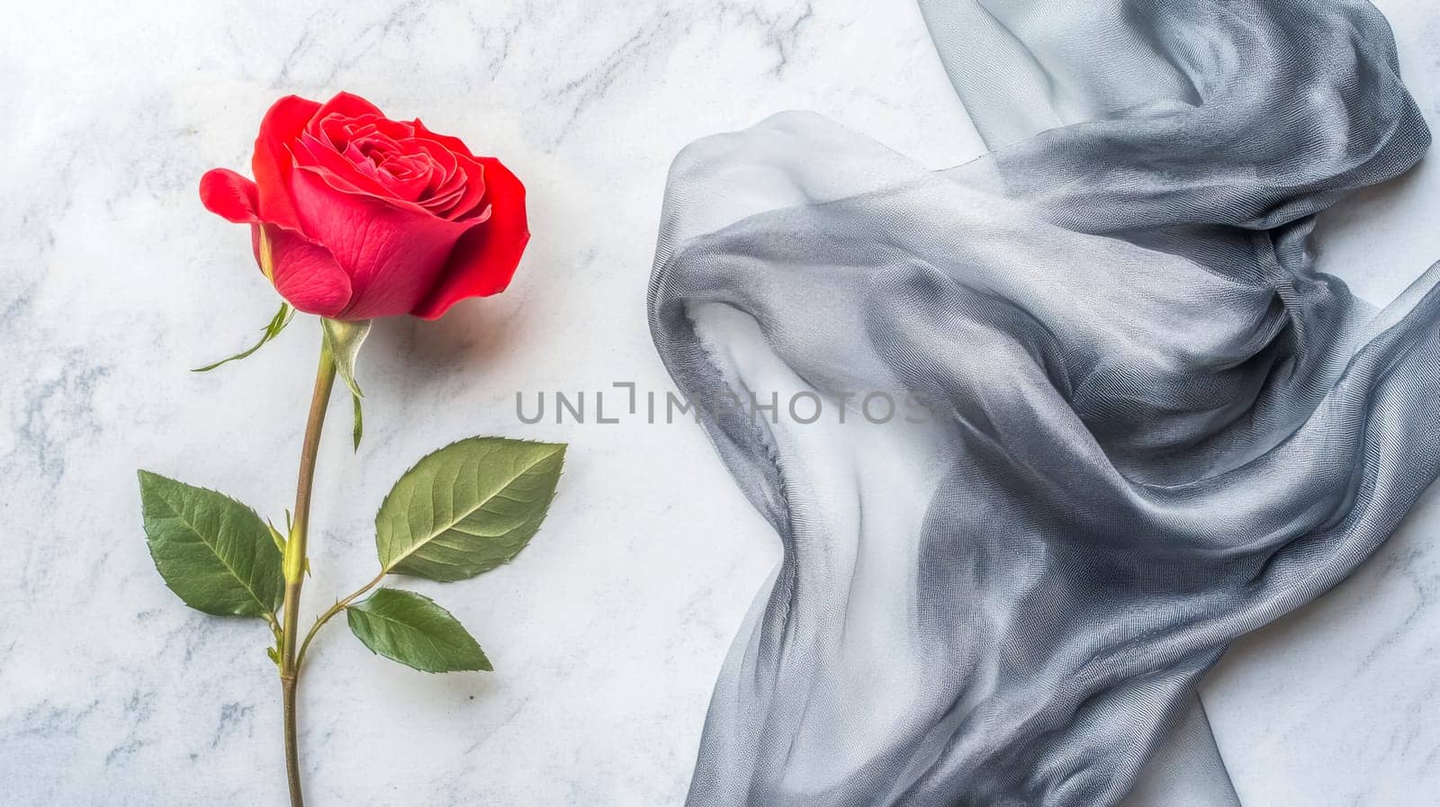 Vibrant red rose with lush green leaves lies on a marble surface next to a flowing gray silk scarf, creating a visually appealing contrast of textures and colors