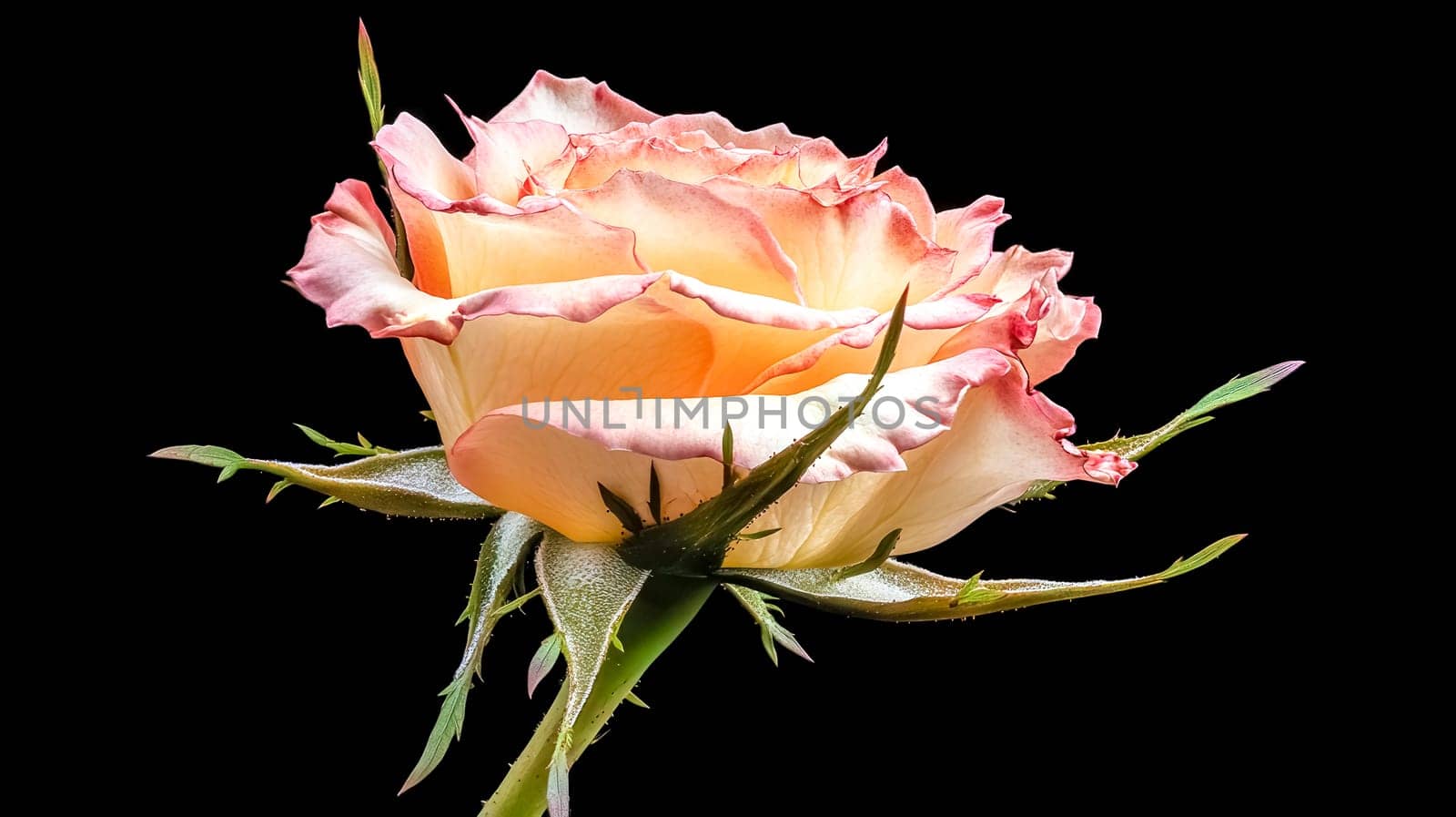 Peach and pink rose with sharp thorns visible, symbolizing beauty and hidden danger, isolated on a black background, creating a dramatic contrast