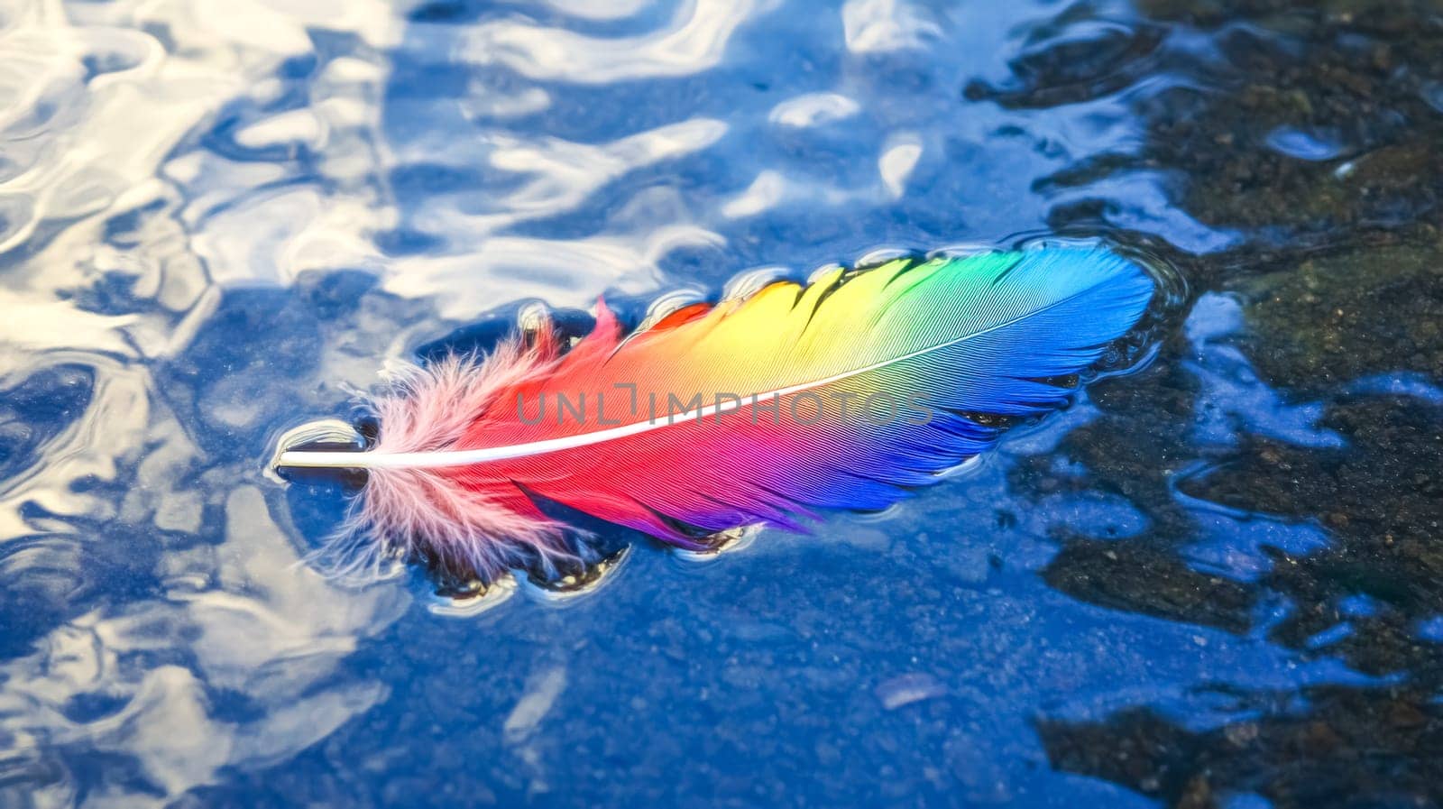 Floating gently on the surface of blue water, a single rainbow colored feather creates a vibrant scene, showcasing colorful reflections and delicate details of nature's beauty