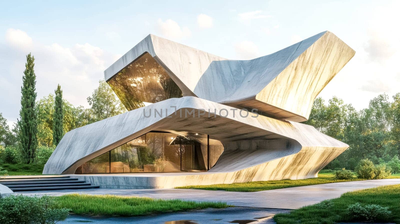 Sunlight illuminates a modern architectural structure with an unusual asymmetric design, featuring concrete and glass elements, situated within a natural setting of trees and grass