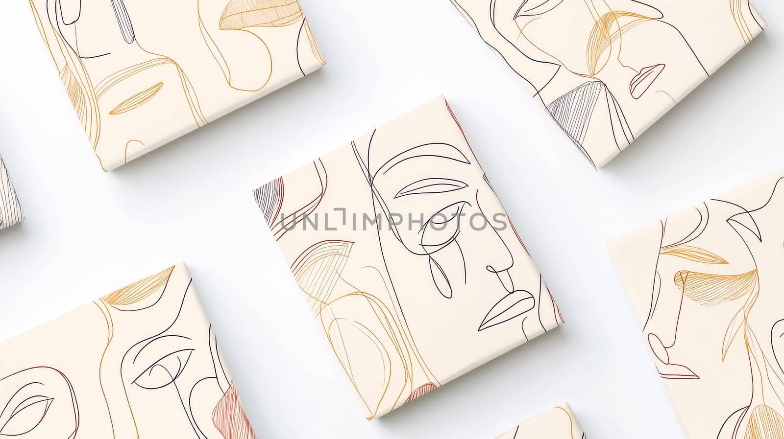 Wrapping paper sheets featuring minimalist line drawings of faces and plants are arranged on a white surface, creating an artistic and modern flat lay composition