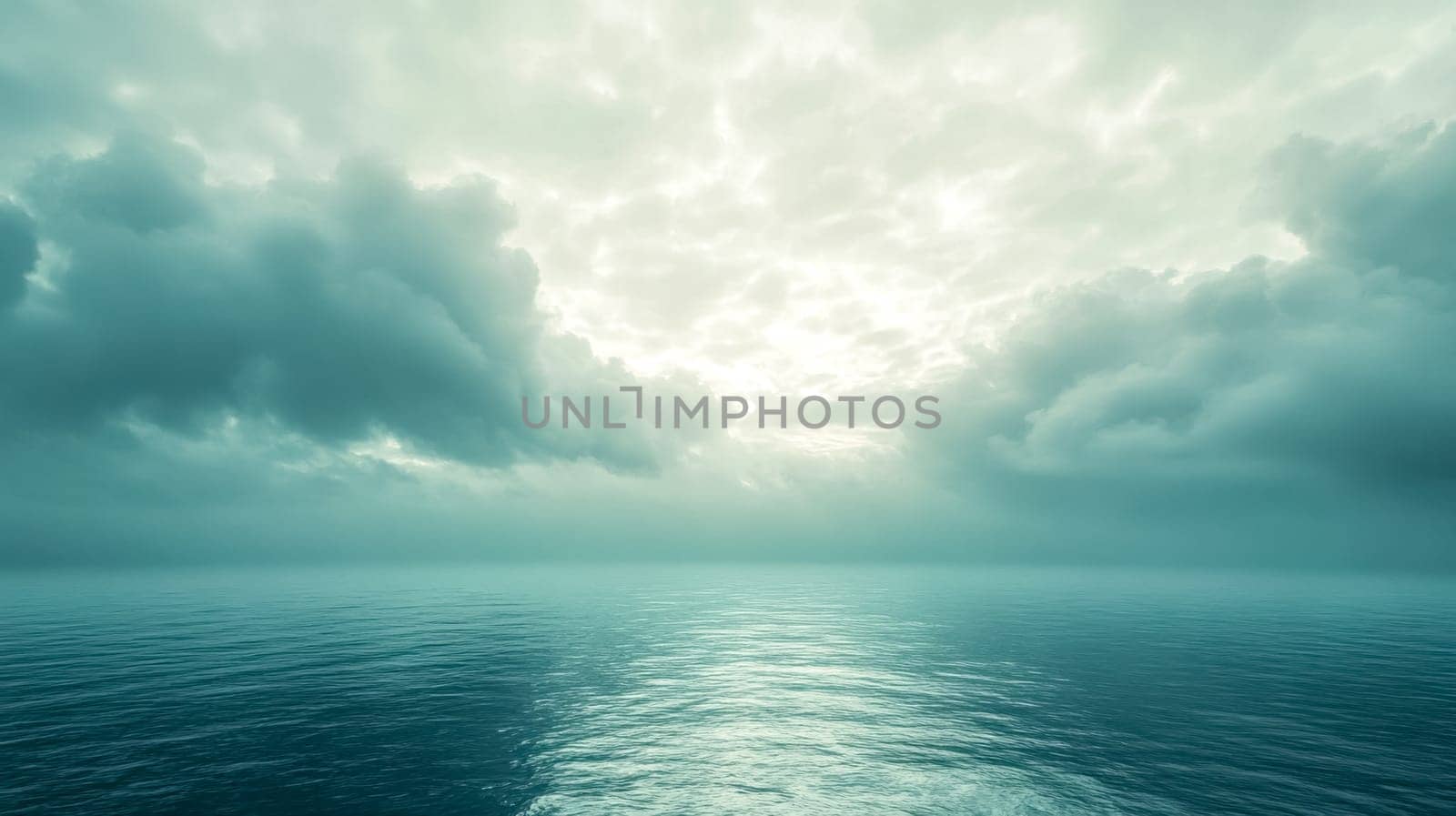 Dark clouds are gathering over a calm ocean, with a bright light shining through, creating a dramatic and symbolic scene of hope and despair