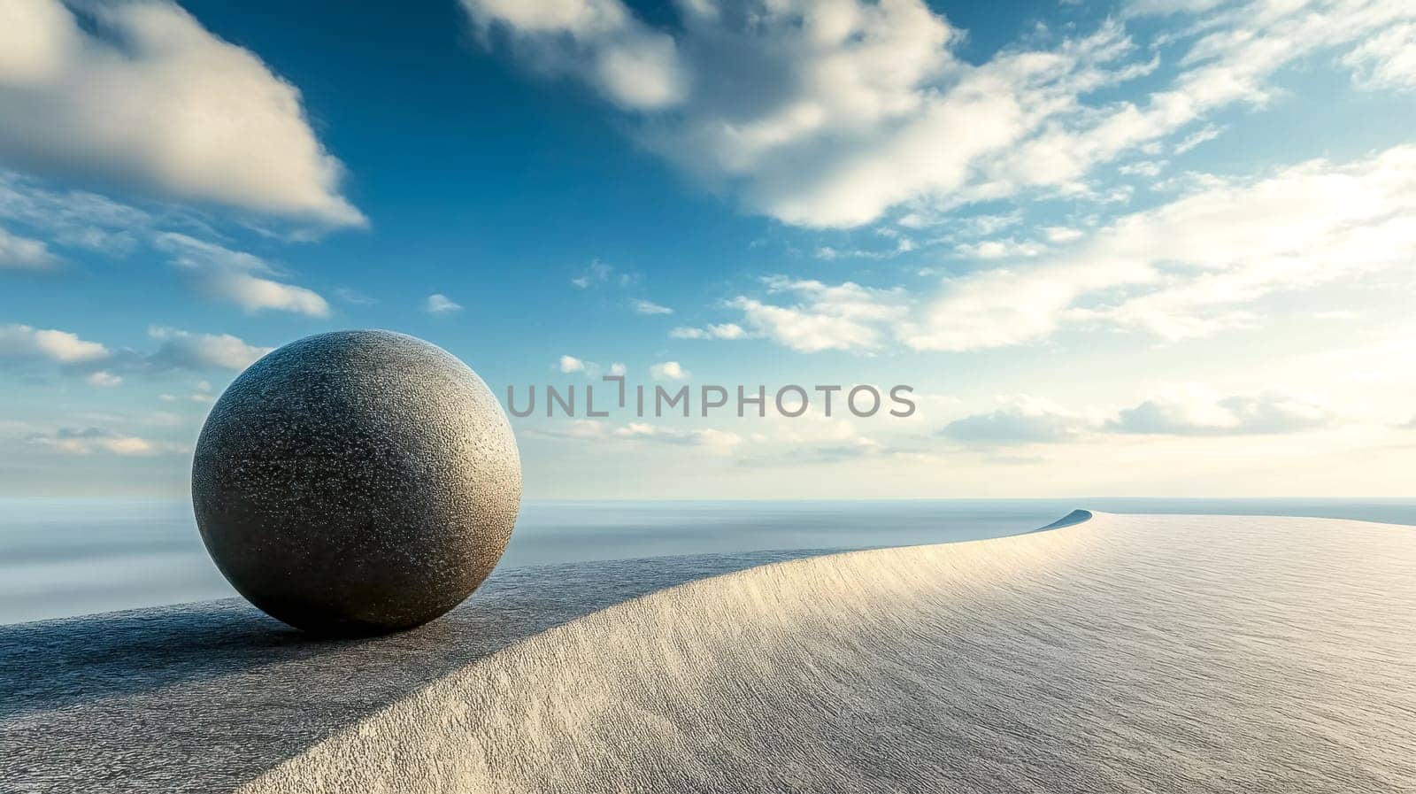 Large, textured sphere resting at the edge of a slope against a serene ocean and sky backdrop, symbolizing momentum, progress, and the journey toward a goal