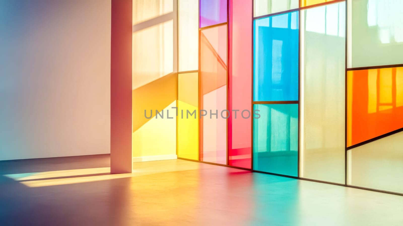 Sunlight is streaming through a colorful, geometric stained glass partition wall in a modern building, creating a vibrant and artistic atmosphere