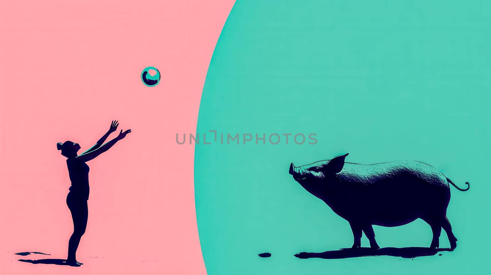 Minimalist illustration depicting the idiom casting pearls before swine, featuring a woman throwing a pearl to a pig against a vibrant two tone background
